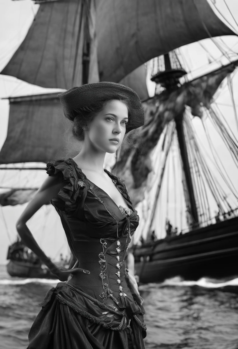 black and white photograph of a young pirate woman with a majestic and dark sailing ship in the background