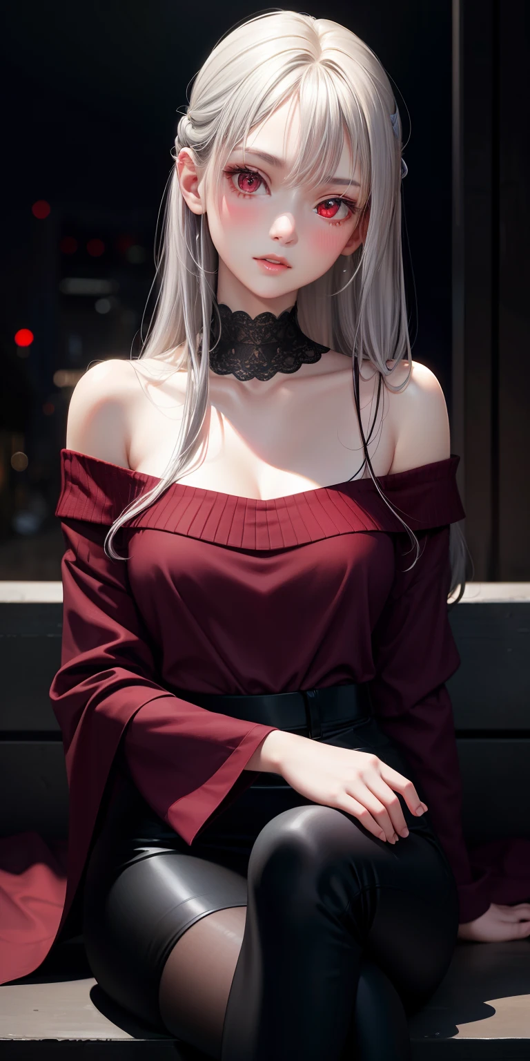 realistic, thin: 1.5 girl single, gray hair, red eyes, glowing eyes, parted lips, blush, off-shoulder, sitting