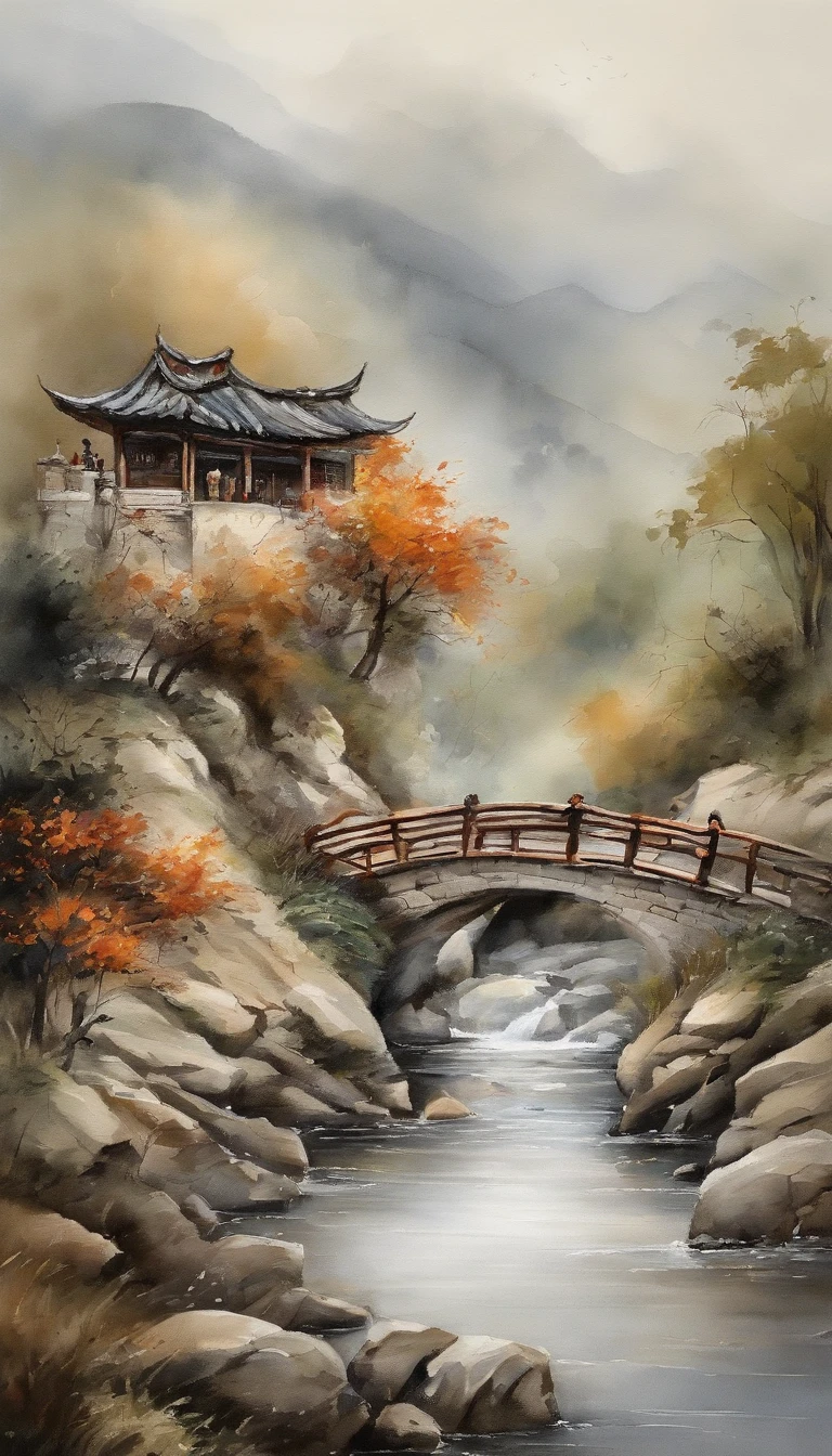 Chinese landscape painting,ink and watercolor painting,water ink,ink,Smudge,Faraway view,Ultra-wide viewing angle,Meticulous,River side,Small Stone Bridge,grassy fields,The tree,The vista is a mountain,(8k wallpaper),(light and shadow effect),rendering by octane,White balance design,Extremely detailed picture depiction,wide angles,depth of fields,tmasterpiece,realisticlying,Beautifully depicted,A detailed,acurate,Works of masters,tmasterpiece