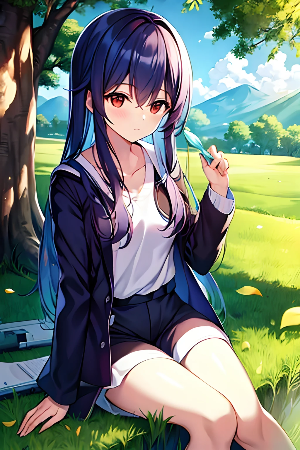 chen,sitting,grassy fields