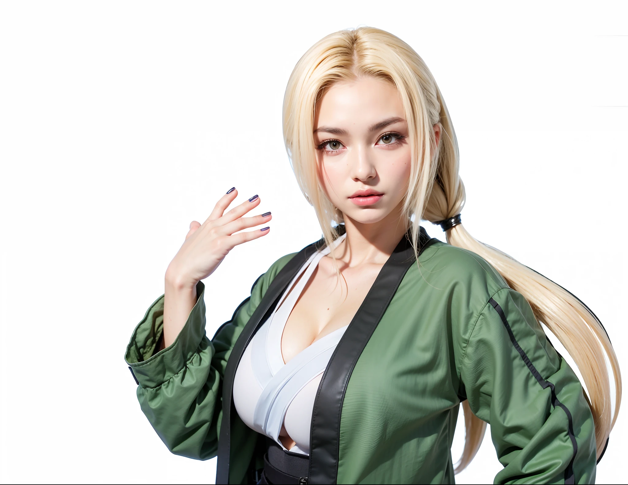 T5UN4D3, Marcas,Tsunade, ((Quimono cinza,saia cinza、 Faixa azul escura, The jacket is a green jacket))、8k, 1girl em, solo,clivagem da mama,(obra prima:1.4),(Qualidade de imagem superior:1.4),(Pele brilhante),Tsunade_senju、um sorriso、Coxas grandes、bunda grande,