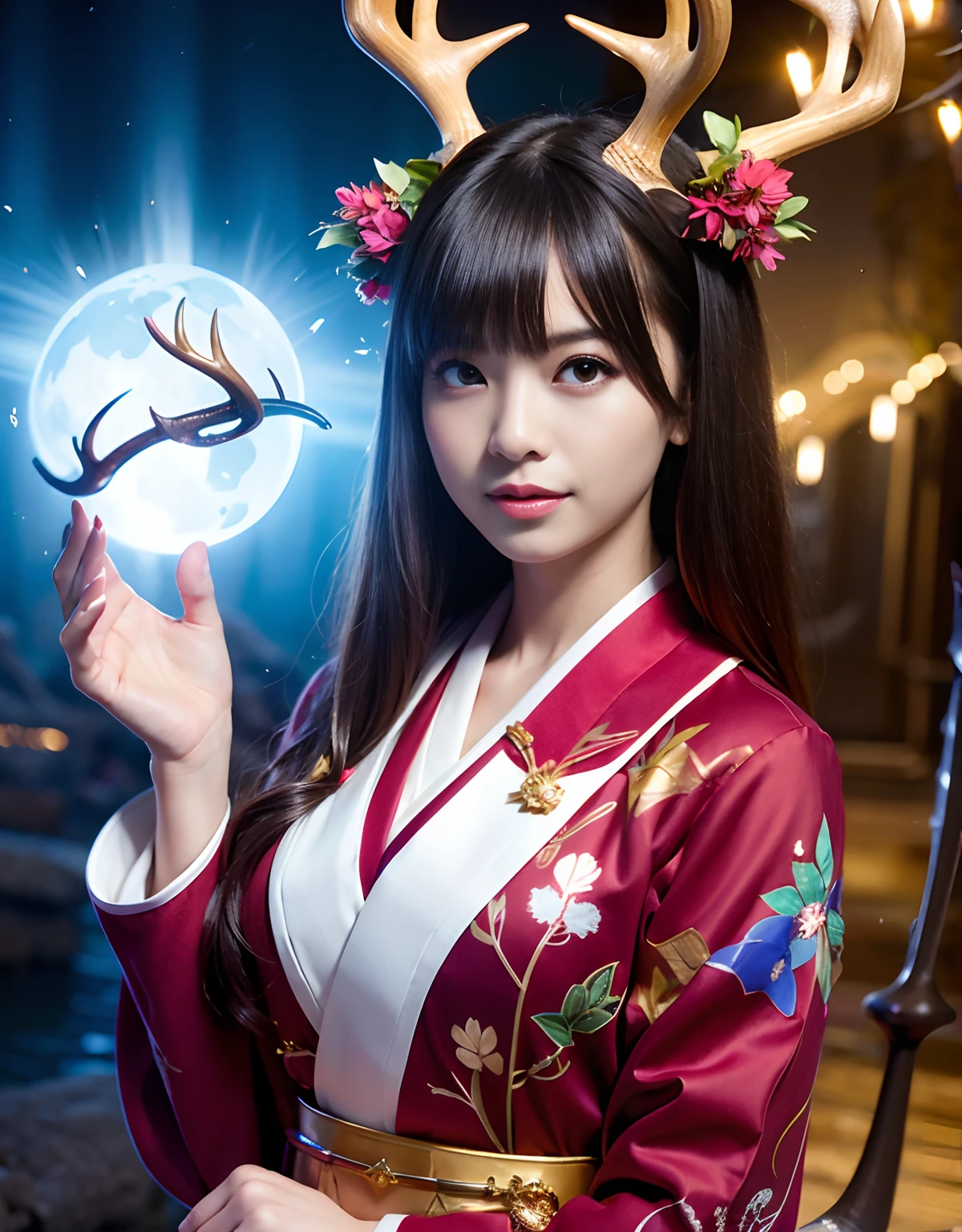 ((World of Darkness)),Professional , ​masterpiece、top-quality、photos realistic , depth of fields 、（Maiko's hairstyle）、(Maple background in full bloom),（Ultimate Beauty）、Red-haired、（Fight ninjas)、（Kimono with beautiful pattern）、（Night background）、（（a dark night））,(Wear a beautiful kimono),（Wear a beautiful kimono with colorful floral patterns）、Jewel Gold Weapon、Particles of light),（Castle background）、Gorgeous gold weapons ,（（ Gorgeous weapon Dragon Sword）） , （a dark night）,,（maikurobikini） 、（（Black Haired Beautiful Girl））、（Castle background）、（demonic wings）、（（Gangle's forest background））、Beautiful Caucasian beauty、１a person、dynamic ungle,(((Two deer antlers on the head)))、Smaller head、Idle Smile、Thin and beautiful female hands、Mystical expression、Light Effects、intense fighting、Wind-effect、magic circles、With the legendary magic wand、Dragon's tail、Anatomically correct body、