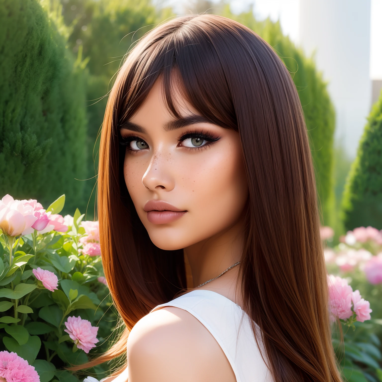 gorgeous, 1girl, dramatic lighting, detailed face, detailed nose, freckles, smirk,raw,analog, intricate background, garden, trees, flowers