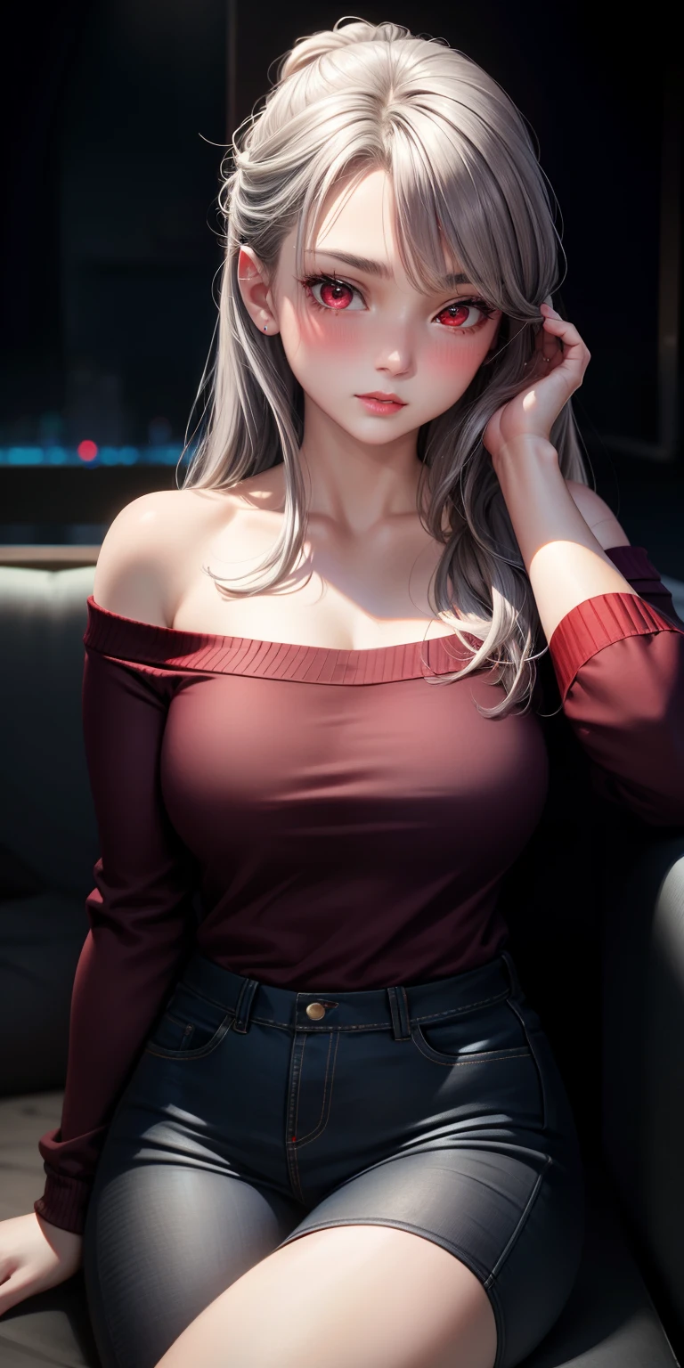 realistic, buff: 1.5 girl single, gray hair, red eyes, glowing eyes, parted lips, blush, off-shoulder, sitting