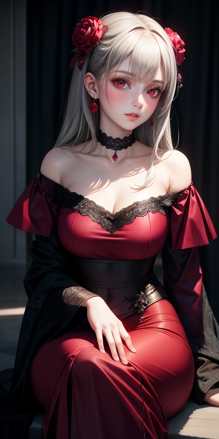 realistic, elegant: 1.5 girl single, gray hair, red eyes, glowing eyes, parted lips, blush, off-shoulder, sitting