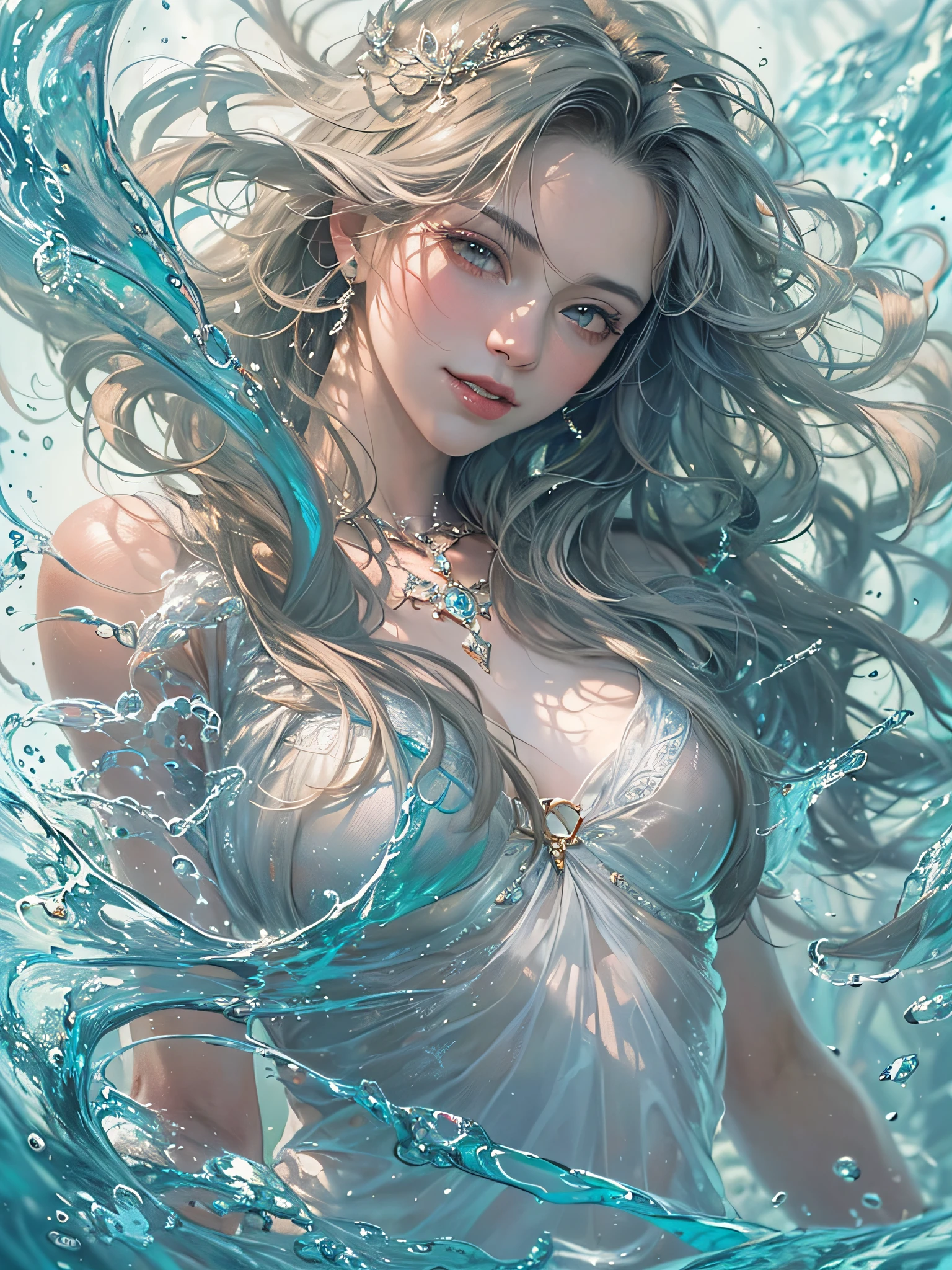 Pretty Woman, Smooth movement, (Water, Water Dress, stream of water, controlling water:1.2), subtle smile, Slim abs ,Ultra-detailed face, Detailed eyes, Shiny skin, Lustrous lips , Detailed background, Blue tones, Ethereal Atmosphere, realistic style with fantasy elements , charming realistic characters, shiny skin, Surrealism, (official art, unity 8k wallpaper, ultra detailed, beautiful and aesthetic, masterpiece ,best quality:1.3)