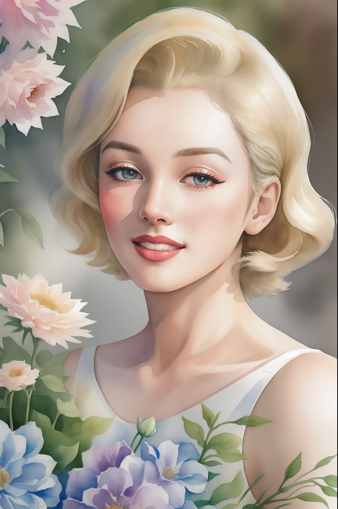 (masterpiece), (best quality: 1.1), (ultra-detailed), best illustration, finely detailed, (watercolor drawings: 1.4), (hand-painted: 1.2), (watercolor brush hair), bouquet consisting of field flowers, artistic portrait painting of Marilyn Monroe, bare shoulder. A close up of beautiful face painting, detailed eyes, gentle smile.