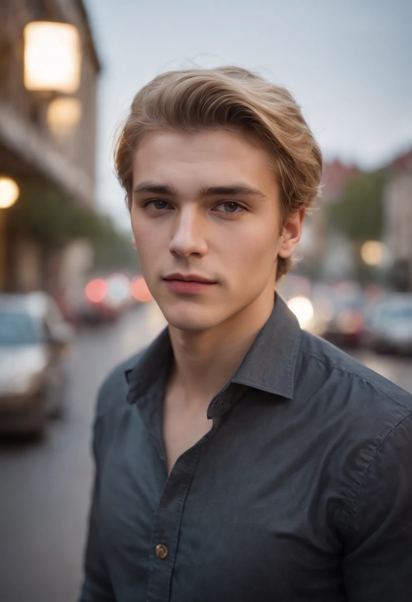 20-year-old guy, Black Full Sleves Shirt,silky blonde disheveled hairstyle, Square face shape, light beard, looking up at the camera, Walking on an empty road, Direct ownership, perfect  lighting, deep shadow, Best Quality, Masterpiece, ultra highres, Photorealistic