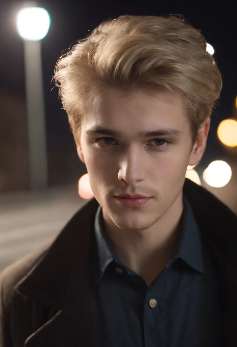 20-year-old guy, Black Full Sleves Shirt,silky blonde disheveled hairstyle, Square face shape, light beard, looking up at the camera, Walking on an empty road, Direct ownership, perfect  lighting, deep shadow, Best Quality, Masterpiece, ultra highres, Photorealistic