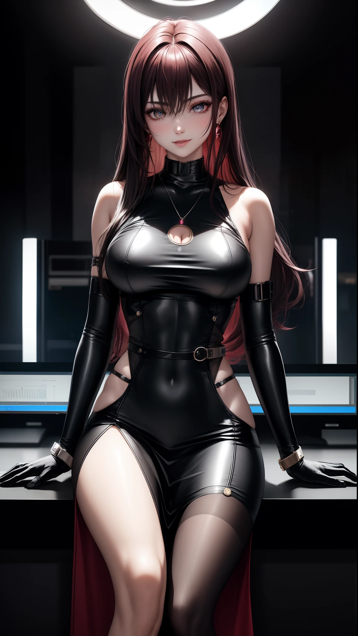inside a high tech control room with many monitors and screen, wearing black suit and mini tight skirt, a girl with calm and rational personality, demonstrating a loyal and efficient approach to her tasks, human-like aspect to her, possess emotions and empathy, leadership and cooperation would be crucial traits for her in order to support the mercenaries effectively, 6-foot-tall mechanical being with a silver metallic exterior, boasts a futuristic design, sports data control gloves on her wrists, with small hardware interfaces on her fingertips, waist carries a belt containing communication devices, hacking tools, and other accessories, 8k, masterpiece, RAW photo, best quality, photorealistic, extremely detailed CG unity 8k wallpaper, Depth of field, Cinematic Light, Lens Flare, Ray tracing, (extremely beautiful face, beautiful lips, beautiful eyes), intricate detail face, ((ultra detailed skin)) 1girl, in the dark, deep shadow, pretty korean girl, kpop idol, 1 girl, (very slim slender fit-muscled body:1.3), ((looking at viewer)),(big smile:1.3), (fashion city night, dark night, (neon sign), (blurred background), fashion street night),(without people in the background:1.3), beautiful earrings, bracelets, necklace, pantyhose, clear eyes, walking, (pale skin), (big eyes), face forward, (brown hairs), (full body shot), ((silk hot ruby red color dress:1.3)), ((tight fitting dress)), ((laced dress)), (looking at viewer:1.3) open breast, very slim, medium breasts, (sitting), brow front, (tight dress), thick thighs