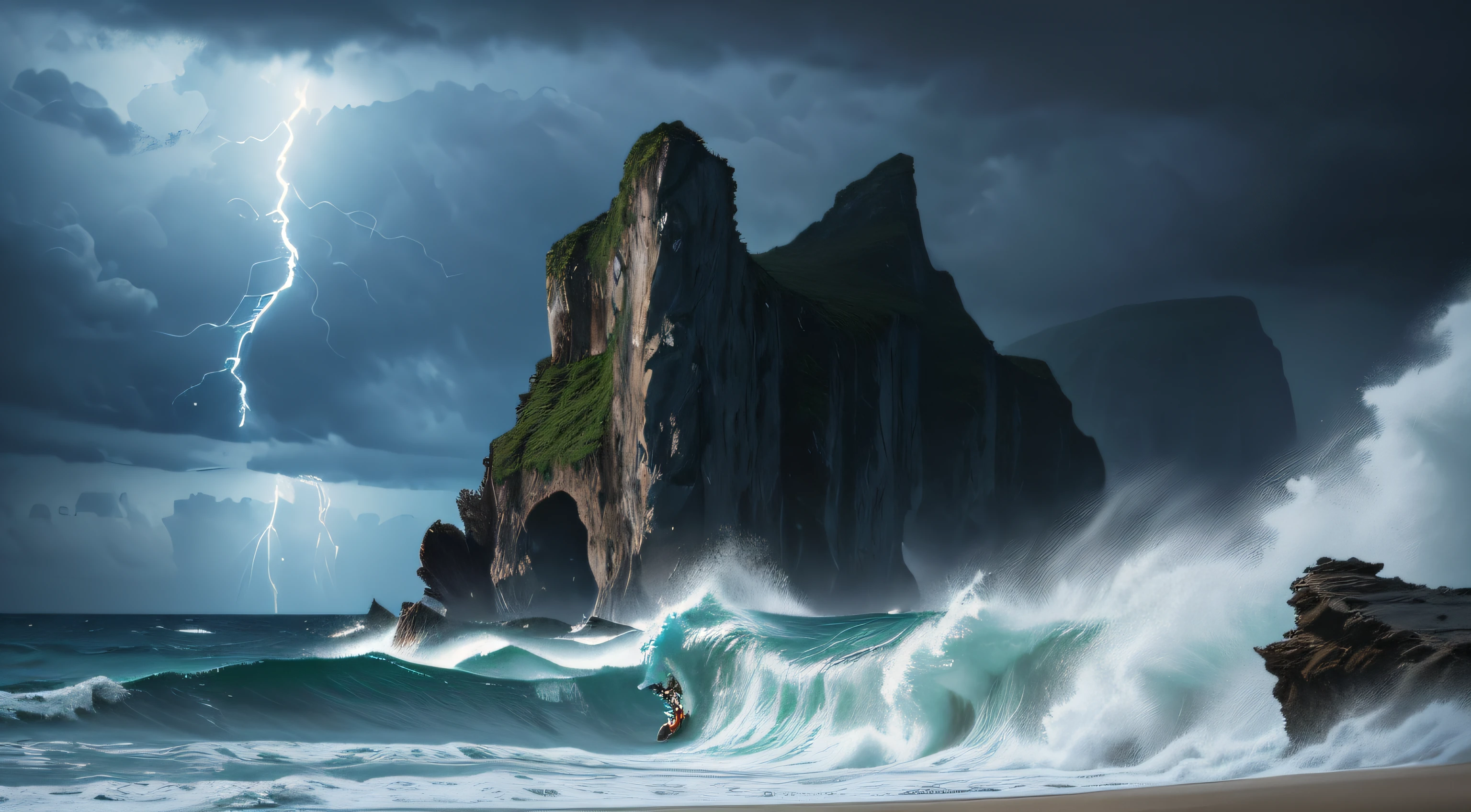 (best quality,4k,8k,highres,masterpiece:1.2),ultra-detailed,(realistic,photorealistic,photo-realistic:1.37),violent sea, stormy weather, tropical island on the horizon, dark fantasy, pirate theme, no boats, dark and stormy sky, towering waves, rugged cliffs, jagged rocks, mysterious mist, ancient ruins, hidden treasures, ominous atmosphere, lightning strikes, crashing thunder, epic adventure.