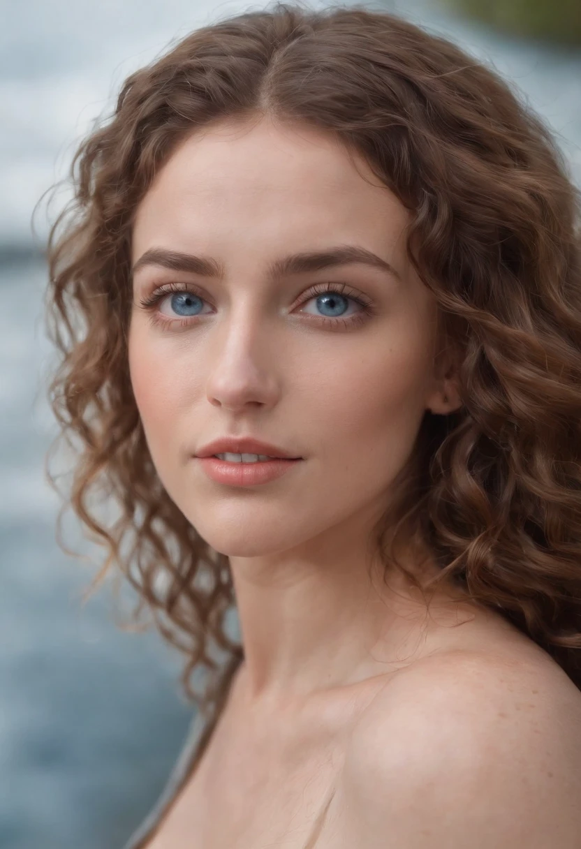 "Full body portrait of a charming girl with curly hair, petite figure, medium buxom, wet clothes, sweating, cleavage, water falling on her buxom, beautiful face, captivating blue eyes, and modest bust size, showcasing her natural beauty."