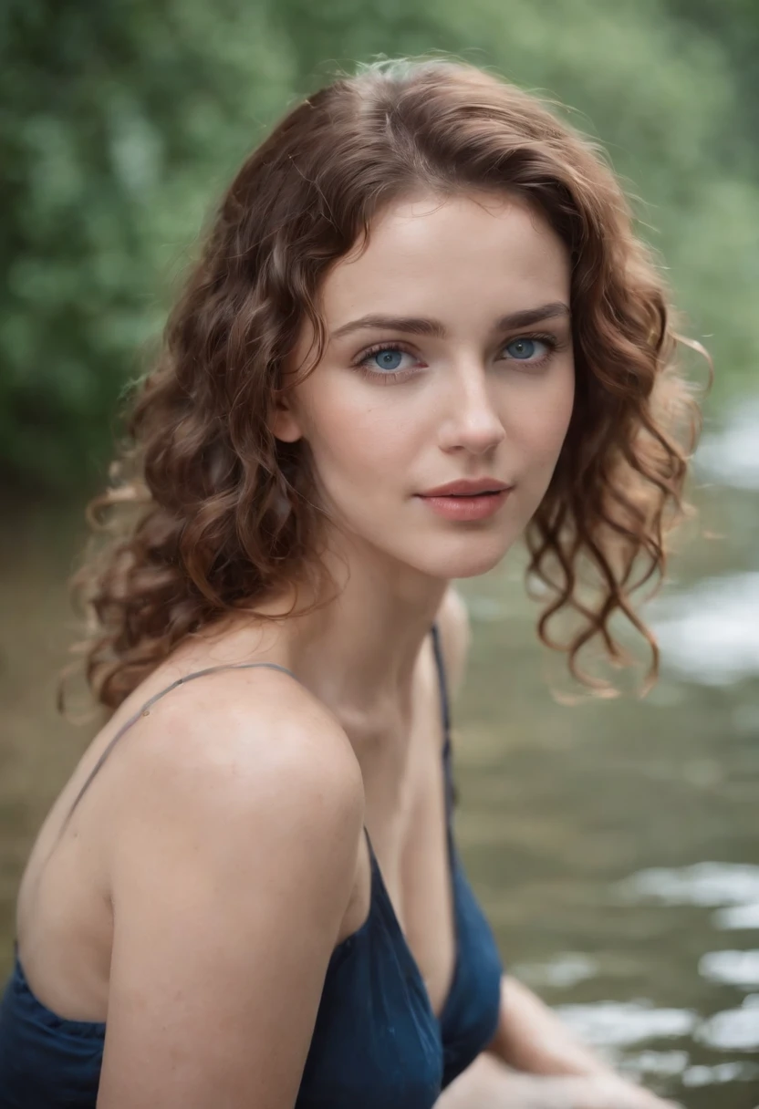 "Full body portrait of a charming girl with curly hair, petite figure, medium buxom, wet clothes, sweating, cleavage, water falling on her buxom, beautiful face, captivating blue eyes, and modest bust size, showcasing her natural beauty."