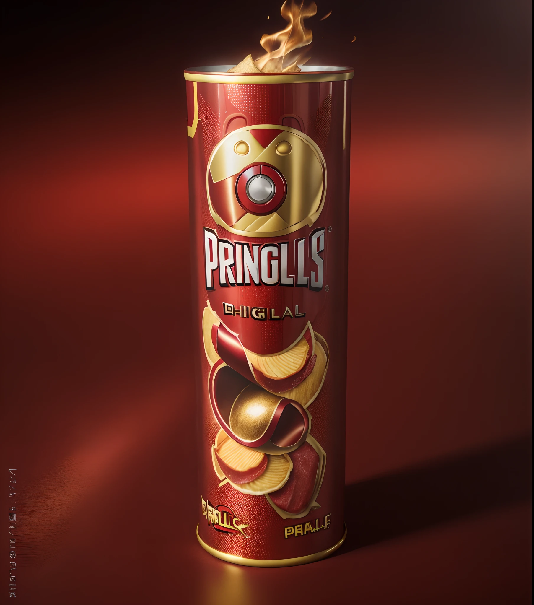 (best quality,highres),pringles iron man edition,metallic red,metallic gold, iconic shape of potato chips,add text ''PRINGLES'' {PRINGLES} , portraits,vivid colors,sharp focus,physically-based rendering