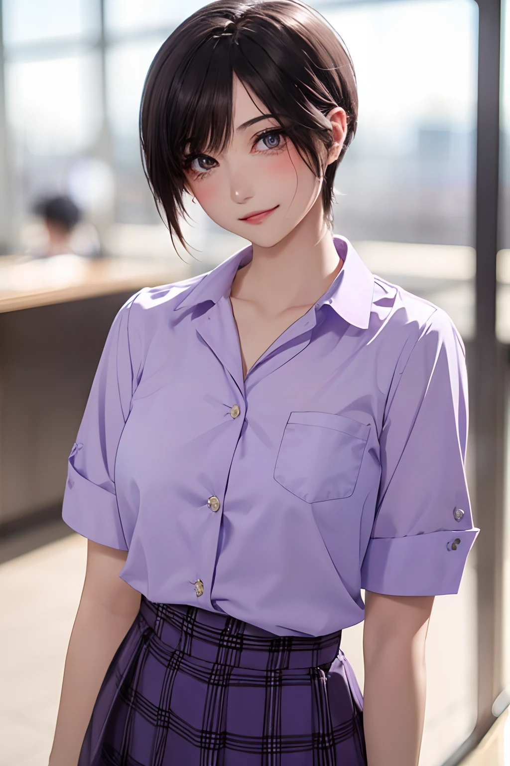 (Cinematic Digital Artwork: 1.3), High quality, masutepiece, of the highest quality, Super Detail, Illustration, [4K Digital Art]、depth of fields, Bokeh, Lean-cheeked, Realistic pores of the body, (Cinematic: 1.3), Intricate details, (art  stations: 1.3), portlate,(Skin glowing with reflection:1.1)、Photon mapping、Physically Based Rendering Cinematic Mode、(masutepiece:1.3), High resolution, ultra-detailliert, the Extremely Detailed CG Unity 8K Wallpapers, Realistic, Photorealsitic, Raw photo, beautifull detailed face, pale skin, realistic glistening skin, Detailed Cloth Texture, detailed hair texture, Perfect body, Beautiful face, acurate, Anatomically correct, Highly detailed face and skin texture, Natural neck length, (Beautiful hands), (Fair skin:1.2), thin legs, Thin feet, 
BREAK, 
Detailed eyes, symmetrical eye, Light brown eyes, Double eyelids, Thin eyebrows, (Glossy lips:1.4), ((gently smiling:1.2)), (blush:1.1),
BREAK, 
(Classy and cute girl:1.3), (Wear elegant clothes (Light purple) Button shirt:1.2), ((Light Caucasian) Long skirt with irregular hem:1.2), Close the button, 
medium large breasts, (Slender figure:1.1), Firm abs, Beautiful collarbone, 
(Dark blonde hair, Short hair:1.2), ((asymmetrical bangs:1.2)), 
BREAK, 
((Stand inside the reception:1.1)), (In a modern office building in Japan:1.2), (Cowboy Shot:1.2), Looking at Viewer, from the front side,