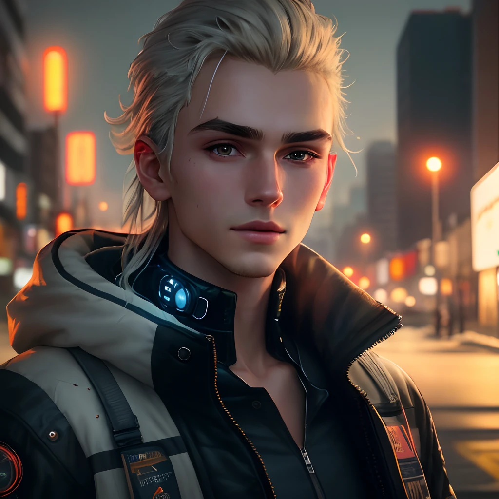 "Cyberpunk portrait photography featuring a handsome young man, gazing off-camera, donning a luminous futuristic jacket. His face displays remarkable realism, with his eyes peeking through his hair, set in their rightful position. His skin appears natural, illuminated by soft and rim lighting, while the backdrop showcases intricate details along a roadside. This highly detailed, octane-rendered image is available in stunning HD quality at 8k resolution, captured by Annie Leibovitz with a 120mm lens.