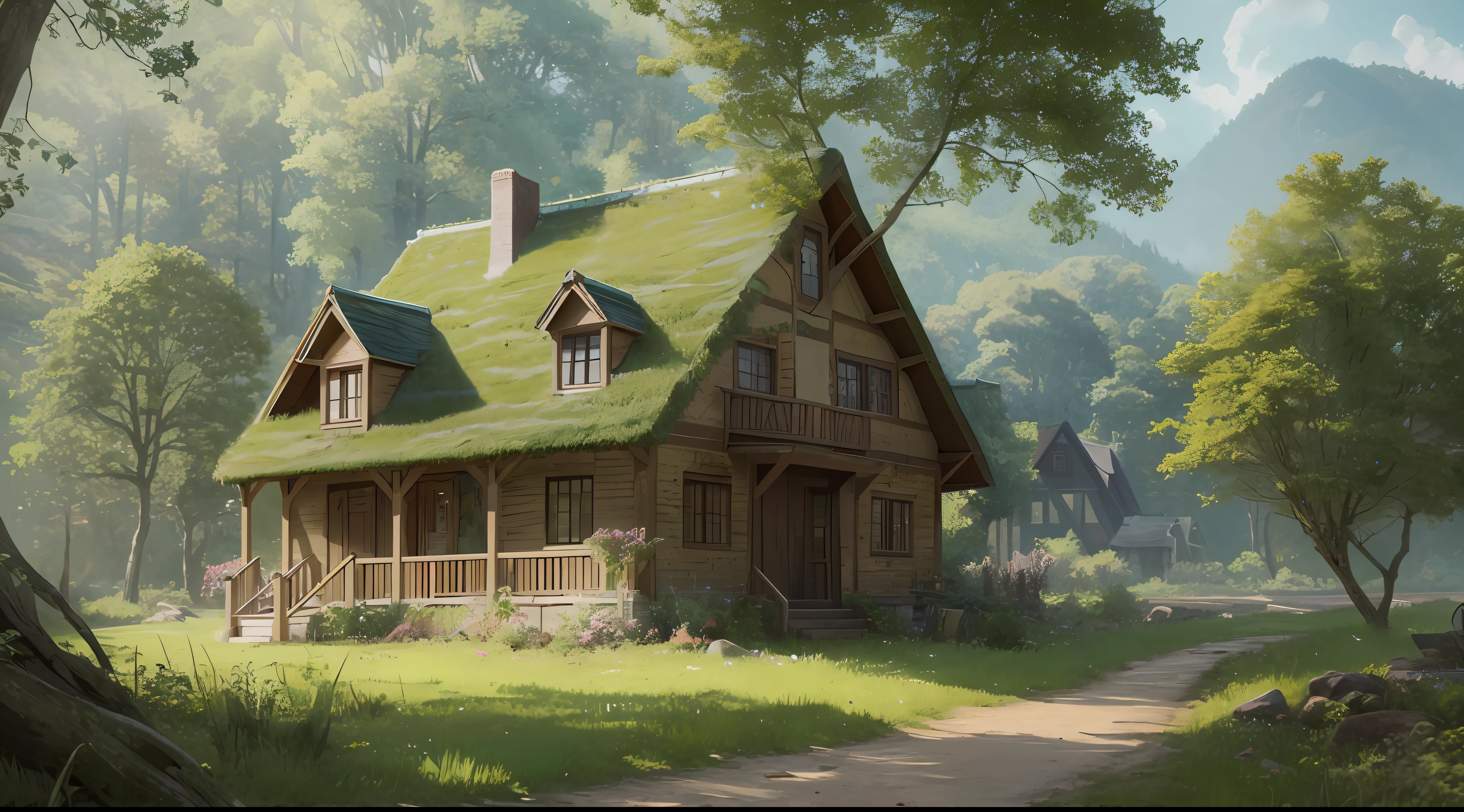 painting of a house in a forest , inspired by Carl Spitzweg, painted as a game concept art, anime countryside landscape, background art, environment painting, background artwork, painterly concept art, environment design illustration, digital painting concept art, concept art for a video game, scenery game concept art, anime background art, the ratio of 1 part 3 --auto --s2