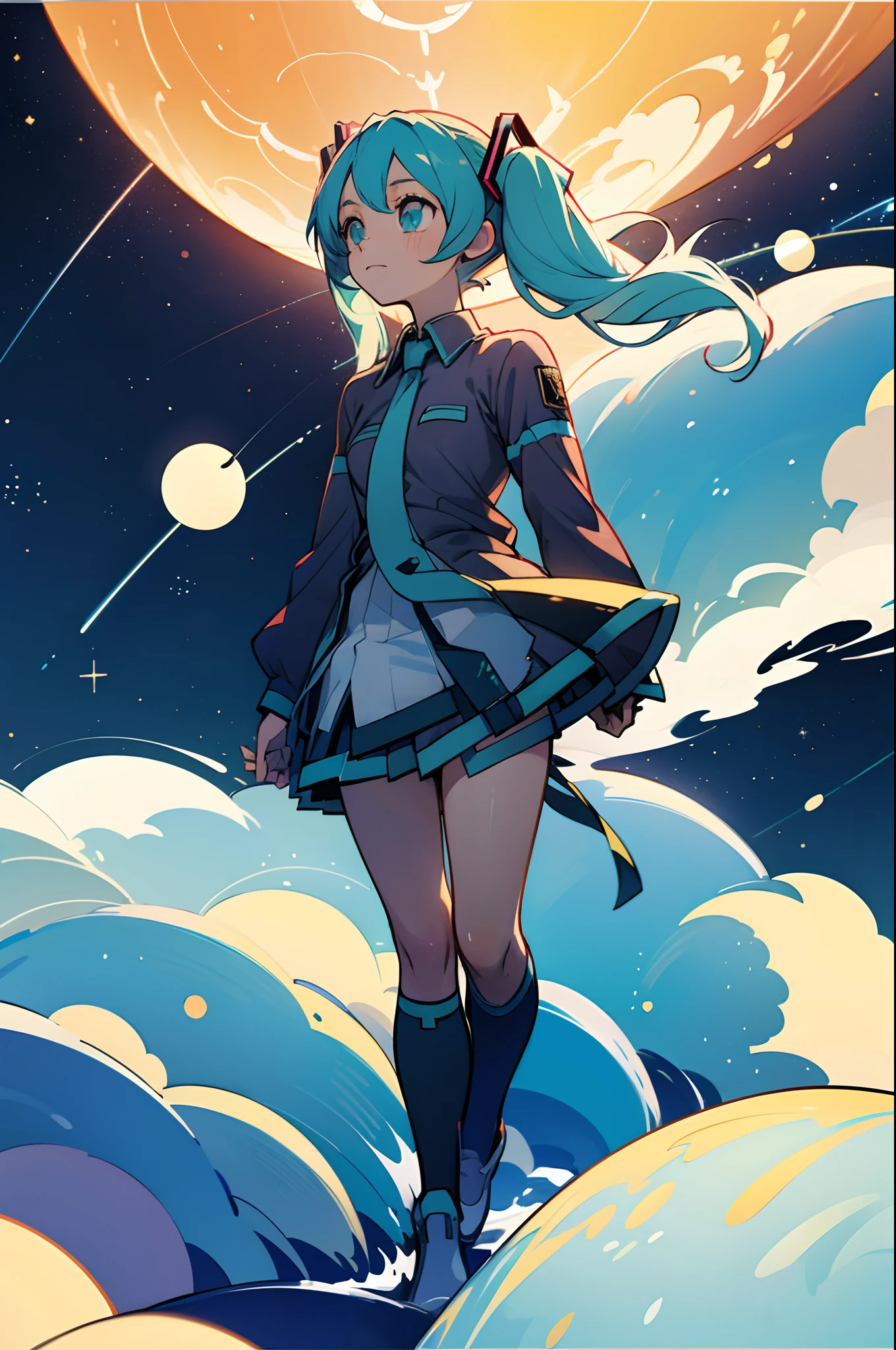hatsune miku, ceu estrelado, Space, 4k, HDR, anime, girl, caminhada