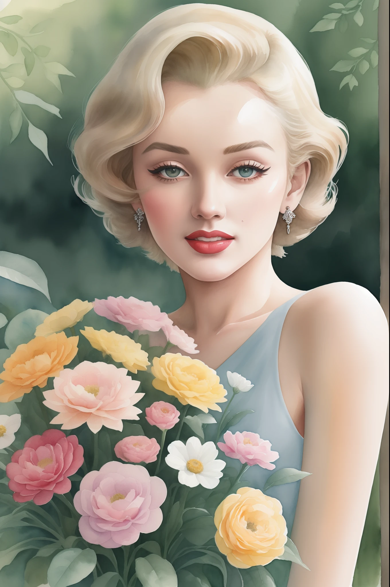 (masterpiece), (best quality: 1.1), (ultra-detailed), best illustration, finely detailed, (watercolor drawings: 1.4), (hand-painted: 1.2), (watercolor brush hair), bouquet consisting of field flowers, artistic portrait painting of Marilyn Monroe, bare shoulder.