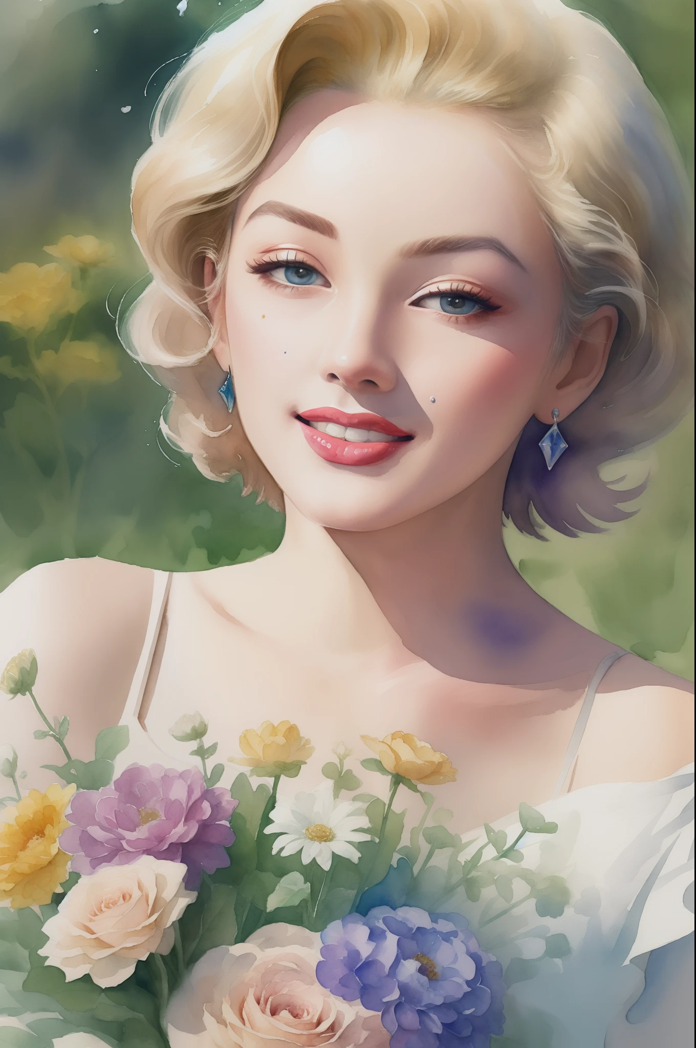 (masterpiece), (best quality: 1.1), (ultra-detailed), best illustration, finely detailed, (watercolor drawings: 1.4), (hand-painted: 1.2), (watercolor brush hair), bouquet consisting of field flowers, artistic portrait painting of Marilyn Monroe, bare shoulder. A close up of beautiful face painting, detailed eyes, gentle smile.