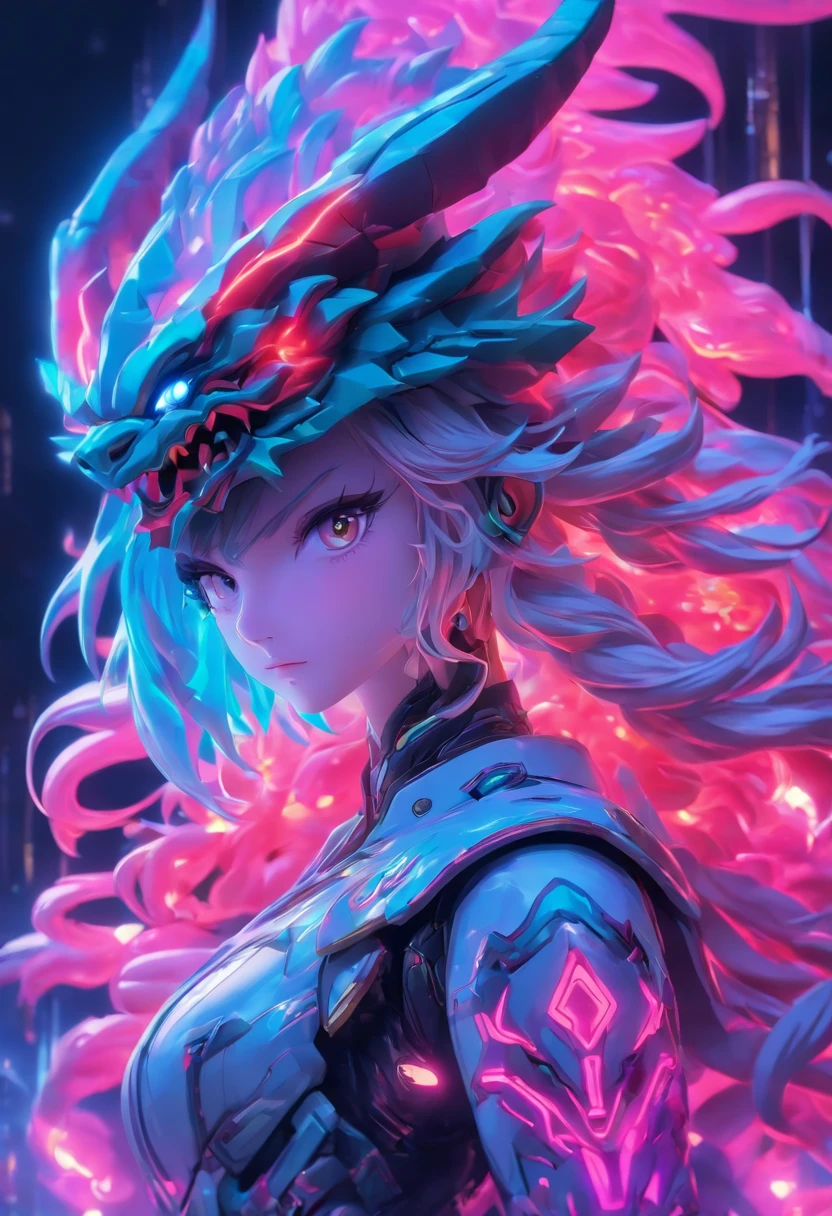 ChinesischDrache, (Blind Box Spielzeug Stil:1.2), (full-body shot) , 1 Transparent Girl,Hinter ihm steht ein durchsichtiger chinesischer Drache, Transparenter Mech, Exquisiter Helm:1.2, Leuchtende Brille:1.2, Cyberpunk, Dreamy glow, leuchtende Neonlichter, sauber, white background, ( Globale Beleuchtung, Rochen-Traching, HDR, Unwirkliches Rendern,Reasonable design, Hohe Detailgenauigkeit, Meisterwerk, best quality, hyper HD, Filmische Beleuchtung)