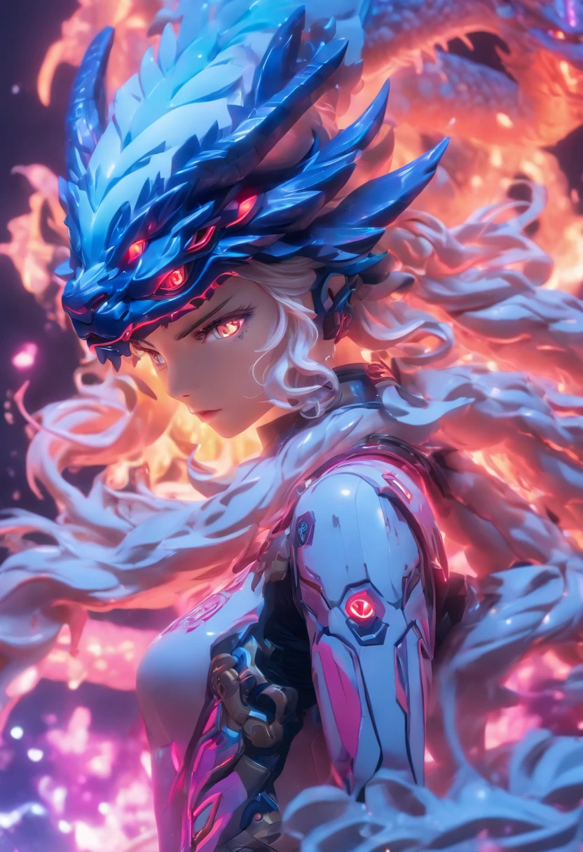 ChinesischDrache, (Blind Box Spielzeug Stil:1.2), (full-body shot) , 1 Transparent Girl,Hinter ihm steht ein durchsichtiger chinesischer Drache, Transparenter Mech, Exquisiter Helm:1.2, Leuchtende Brille:1.2, Cyberpunk, Dreamy glow, leuchtende Neonlichter, sauber, white background, ( Globale Beleuchtung, Rochen-Traching, HDR, Unwirkliches Rendern,Reasonable design, Hohe Detailgenauigkeit, Meisterwerk, best quality, hyper HD, Filmische Beleuchtung)