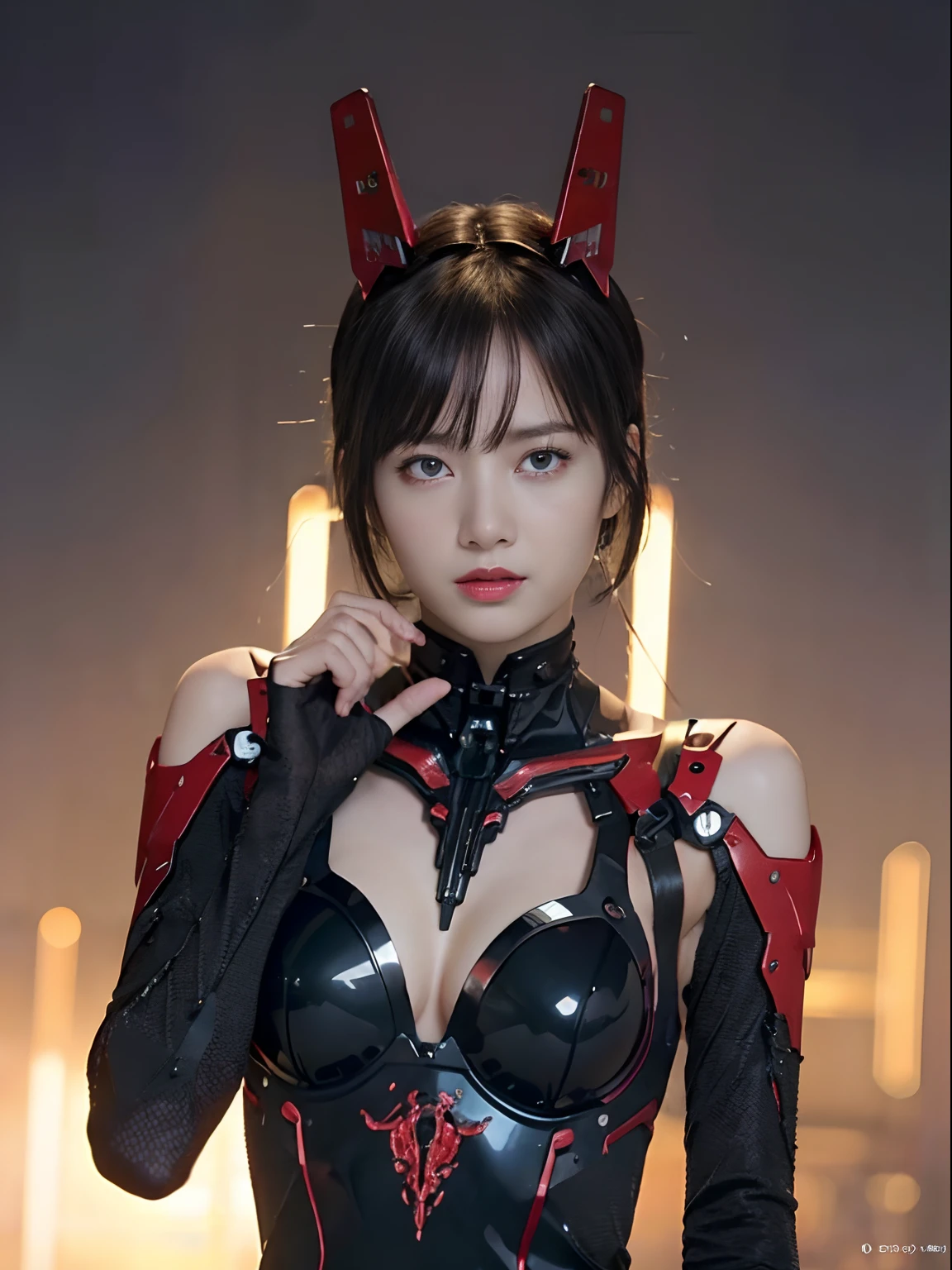 （Fight against mechanical robot soldiers）、top-quality、​masterpiece、超A high resolution、(Prostitute Sexy Pose),（Wearing a futuristic sun visor）、(Photorealsitic:1.4)、Raw photo、女の子1人、Black hair、glowy skin、((1 Mechanical Girl))、((super realistic details))、portlate、（Small LED lamp）、Wire tubes that glow all over the body、globalillumination、Shadow、octan render、8K、Armpit、ultrasharp、Colossal tits、Small LED lamp、Raw skin is exposed in cleavage、metals、blood vessels connected to tubes、Red bodysuit、Armpit、Cyberpunk city background、Details of complex ornaments、Japan details、highly intricate detail、Realistic light、CGSoation Trends、Blue eyes、radiant eyes、Facing the camera、neon details、（Helmet of the Brave）、Mechanical limbs、blood vessels connected to tubes、Mechanical vertebrae attached to the back、mechanical cervical attaching to neck、Wires and cables connecting to the head、Gundam、Small LED lamp、Toostock、Toostock、