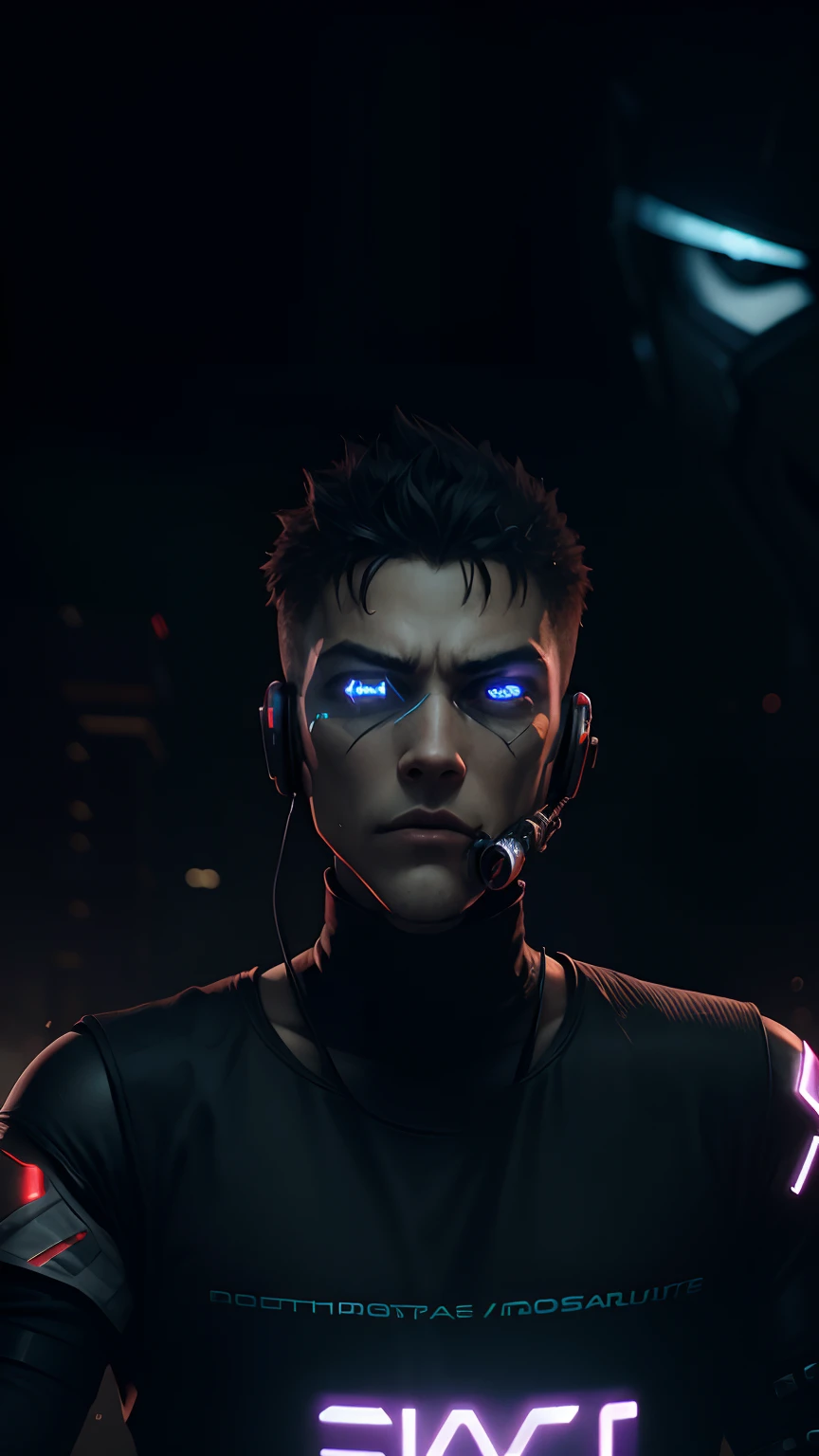 Cyberpunk, aggressive, robotic,earphones, gaming logo, gas mask,holding an assault rifle ,wearing futuristic suit