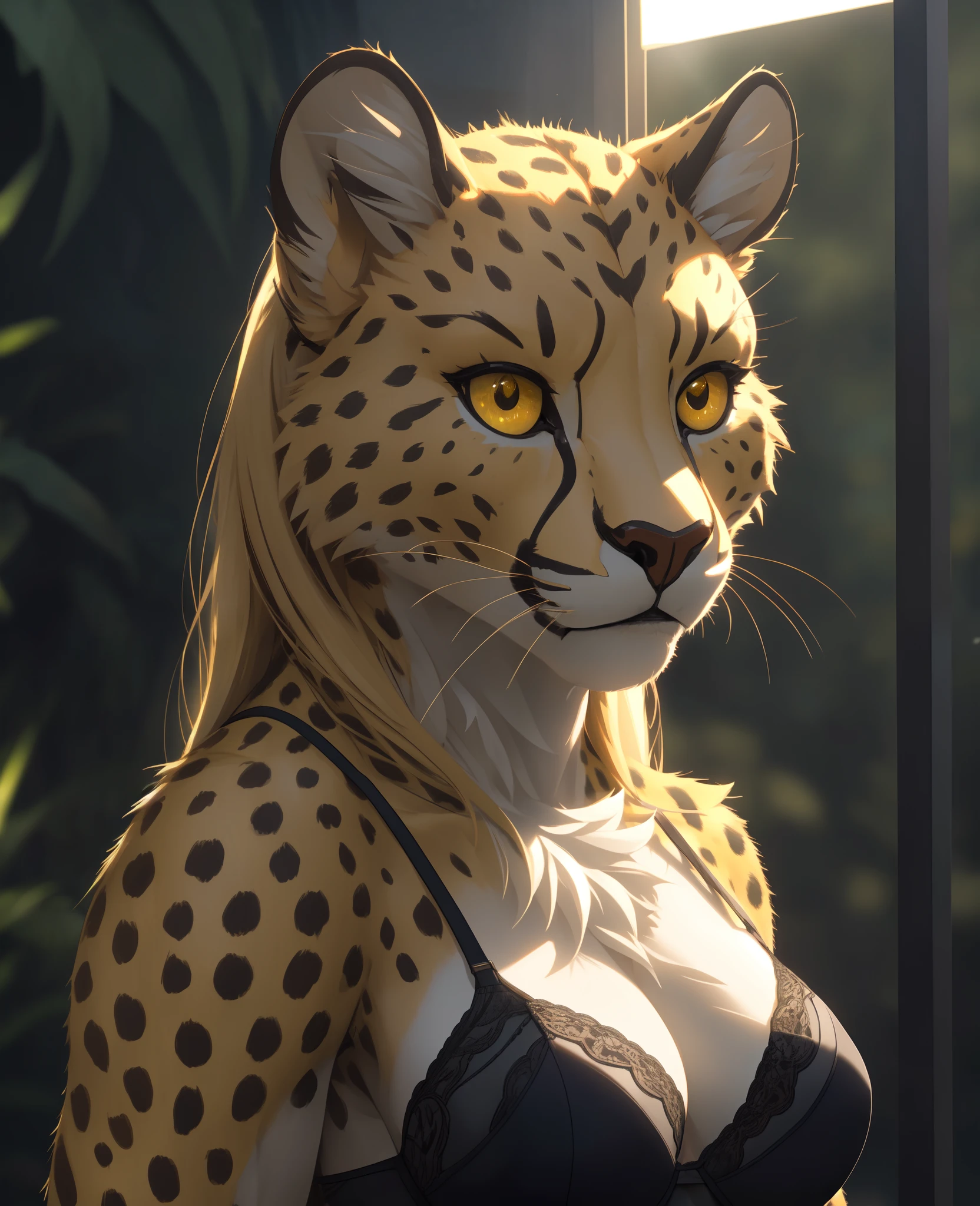 (((Cute Face))), (((Cute pose))), (((detailed yellow cat eyes))), Solo, (((highly detailed fur))), ((seductive)), (((female))), (((bra))), standing, snout, (by fivel), detailed eyes, (((medium breasts))), ((eyelash, cheetah)), ((facing viewer)), long hair, (((long hyper realistic tail))), sharp focus cgi, photorealistic, high detail, realistic, masterpiece, absurdres, best quality, HDR, high quality, high-definition, extremely detailed, 8k wallpaper, intricate details, 8K uhd, Full-HD, (realistic photo:1.2), contrast, harsh lighting, cinematic lighting, natural lighting, hard light, backlighting, global illumination, ambient occlusion,