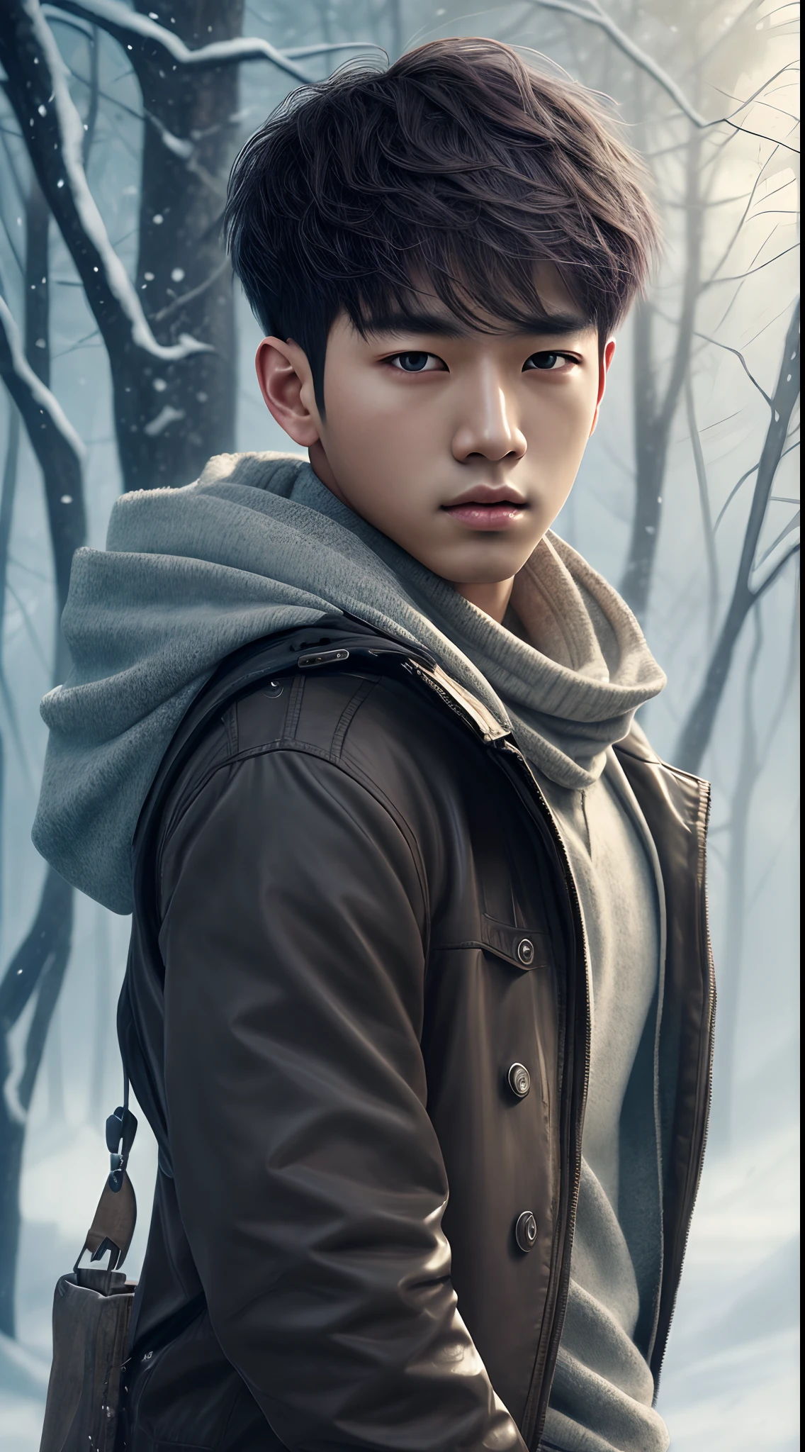 winter light, winter environment, masterpiece, young korean idol boy in focous shot, korean male,full body size, christmas theme, grey eyes, vertical pupils, forest, grey hair, cold look, light modern clothes, pale skin, colour grading, light illustration, the person in the middle, extreme quality, radiant, extremely detailed, ultra-detailed face, ultra hd 8k, ultra digitality, mythical, winter evening lightning, concept art portrait by Greg Rutkowski, artgerm, hyperdetailed, intricately detailed art, fantasy style, triadic colours, fantastical, intricate detail, splash screen, complementary colours, fantasy concept art, 8k resolution, deviantart masterpiece, oil painting, heavy strokes, soft lighting, film photography, analogue photography, film grain, Anna Dittmann, hyperrealism, oil dripping,boy,male, korean idol male face, short hair male,