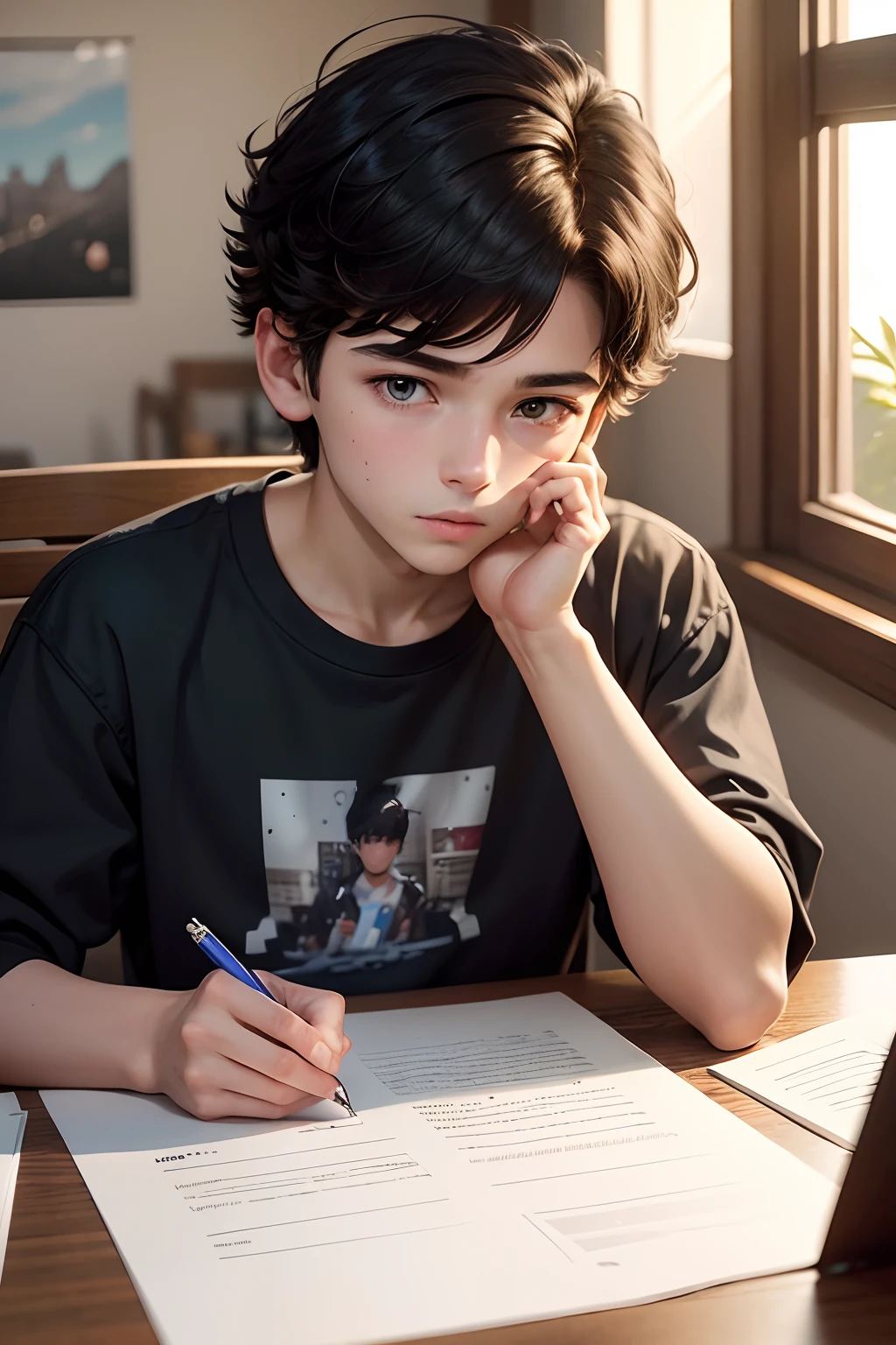 1boy, a simple line drawing set in a minimalistic room with a window, It showcases a beginner who is struggling with using a computer, The individual, depicted with basic lines, appears thoughtful and slightly overwhelmed, A subtle '?' mark is placed near their head to signify their confusion,