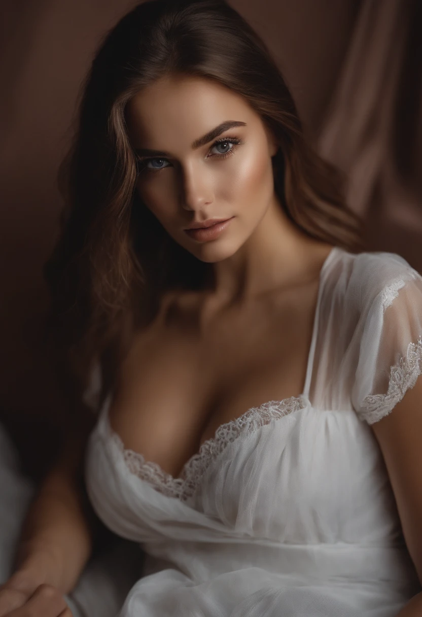 Arafed woman completely , fille sexy aux yeux bruns, ultra realist, Meticulously detailed, natural, Reality, sublime, Portrait Sophie Mudd, cheveux bruns et grands yeux, , jeune femme, yeux mielleux, Violet Myers, sans maquillage, maquillage naturel, looking straight at camera, Visage avec Artgram, Maquillage subtil, Great photo of the whole body kneeling on the bed, dans la chambre, visage