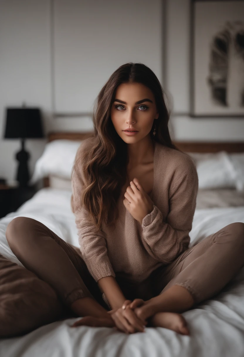 Arafed woman completely , fille sexy aux yeux bruns, ultra realist, Meticulously detailed, natural, Reality, sublime, Portrait Sophie Mudd, cheveux bruns et grands yeux, teen, jeune femme, yeux mielleux, Violet Myers, sans maquillage, maquillage naturel, looking straight at camera, Visage avec Artgram, Maquillage subtil, Great photo of the whole body kneeling on the bed, dans la chambre, visage