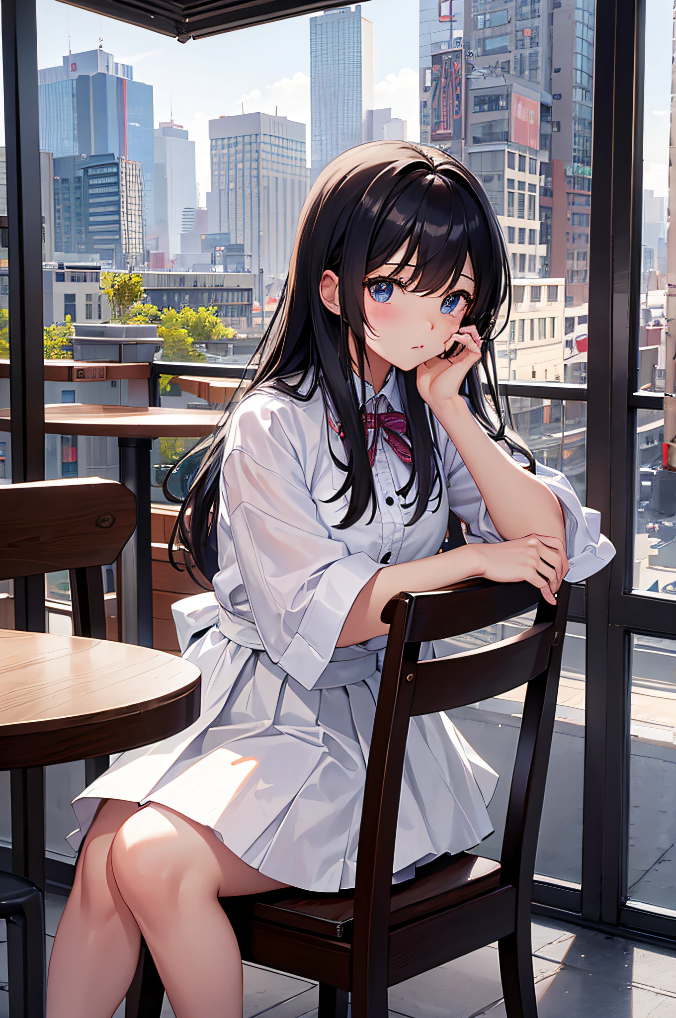 Girl sitting and eating in restaurant all over city、neat and clean clothes、Fashionable shops、round table、Sit in a chair、White clothes、Black skirt