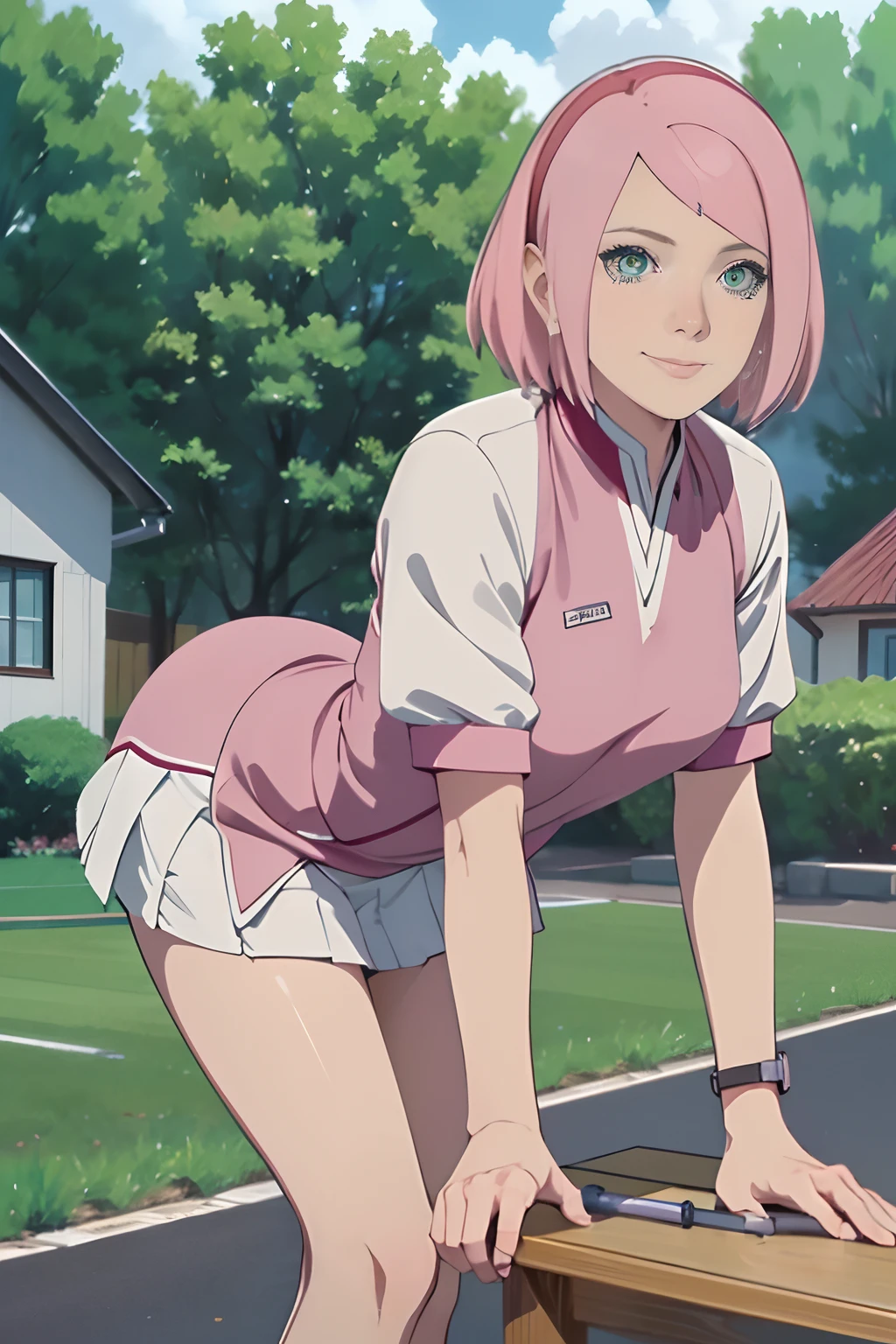 in 8K,top-quality,Real Image,intricate detailes,超A high resolution,Depth Field,masuter piece,natural soft light,profetional lighting,1 girl in,(cute little:1.2),an extremely beautiful ,A detailed eye,((pink-eyed)),(pink hair),(short-haired),(bangss),flawless skin,shinny skin,fair white skin,Fine skin,((perfect anatomia,nice hand,perfect hand,Five fingers connected to the palm of the hand,accurate hands without incongruity)),Perfect raw legs,delicate legs,perfectly proportions,Tennis player,face perfect,large full breasts, Convex buttocks,White polo shirt,Short white pleated skirt,White sport socks,White Tennis Shoes,High Ponytail,a wet body,Shake the paddle,Sunnyday,Clouds, Leg and thigh shots, Bottom Angle, bottom shot, Bending over, thigh closeup, Focus on the buttocks,((from the rear)),Looking back,((Thin smile)),(outside of house),(tennis coat)