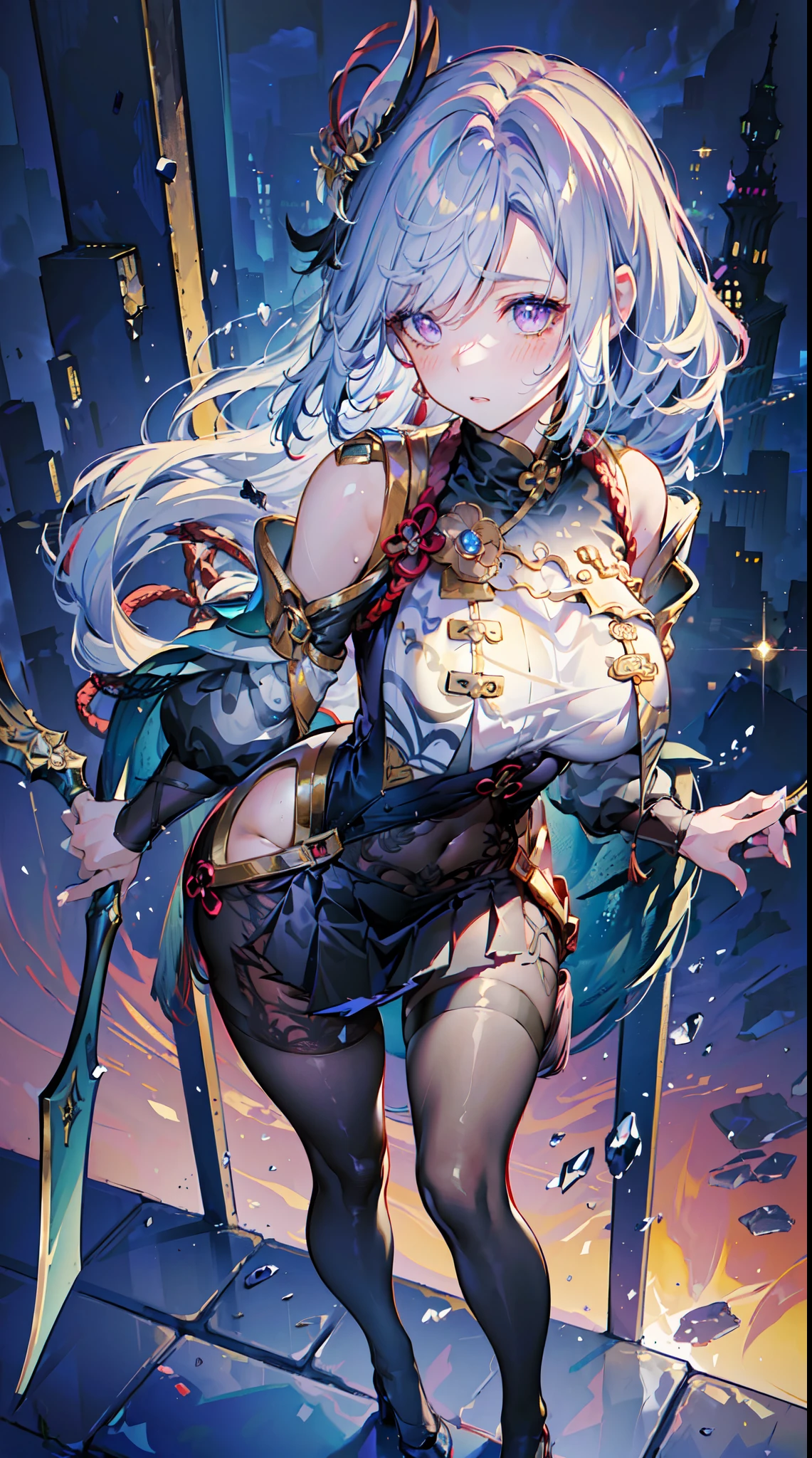 (Masterpiece, Best quality, High quality:1.4), Professional artwork, Intricate details, Field of View, Sharp focus, Detailed painting, Masterpiece, Cinematic lighting, (Vivid lighting, Vibrant colors, Shen He), (,A MILF:1.1), (Curvy:1.1), standing, (Full body shot:1.1),Long hair, High ponytail, lipstick, Makeup, Ultra Detail Hair, Ultra Detail Face, (Purple eyes:1.05), Perfect eyes, Perfect face, (Confused, Blush:1.2), (black thighhigns, a garter belt:1.1), Pleated skirt, White shirt, high-heels,
(Large breasts:1.1), cleavage, Big ass, Thighs,