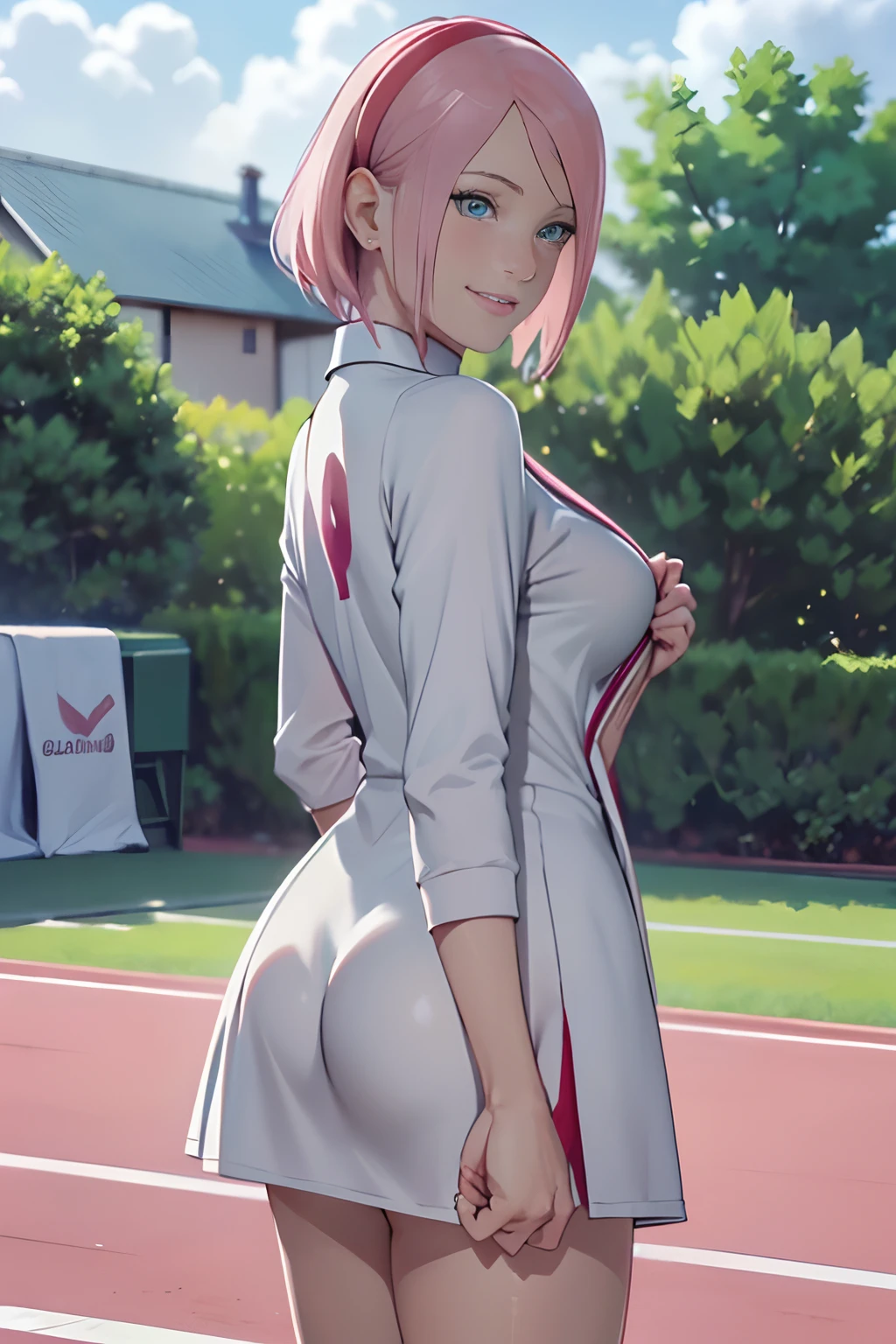 in 8K,top-quality,Real Image,intricate detailes,超A high resolution,Depth Field,masuter piece,natural soft light,profetional lighting,1 girl in,(cute little:1.2),an extremely beautiful ,A detailed eye,((pink-eyed)),(pink hair),(short-haired),(bangss),flawless skin,shinny skin,fair white skin,Fine skin,((perfect anatomia,nice hand,perfect hand,Five fingers connected to the palm of the hand,accurate hands without incongruity)),Perfect raw legs,delicate legs,perfectly proportions,Tennis player,face perfect,large full breasts, Convex buttocks,White polo shirt,Short white pleated skirt,White sport socks,White Tennis Shoes,High Ponytail,a wet body,Shake the paddle,Sunnyday,Clouds, Leg and thigh shots, Bottom Angle, bottom shot, Bending over, thigh closeup, Focus on the buttocks,((from the rear)),Looking back,((Thin smile)),(outside of house),(tennis coat)