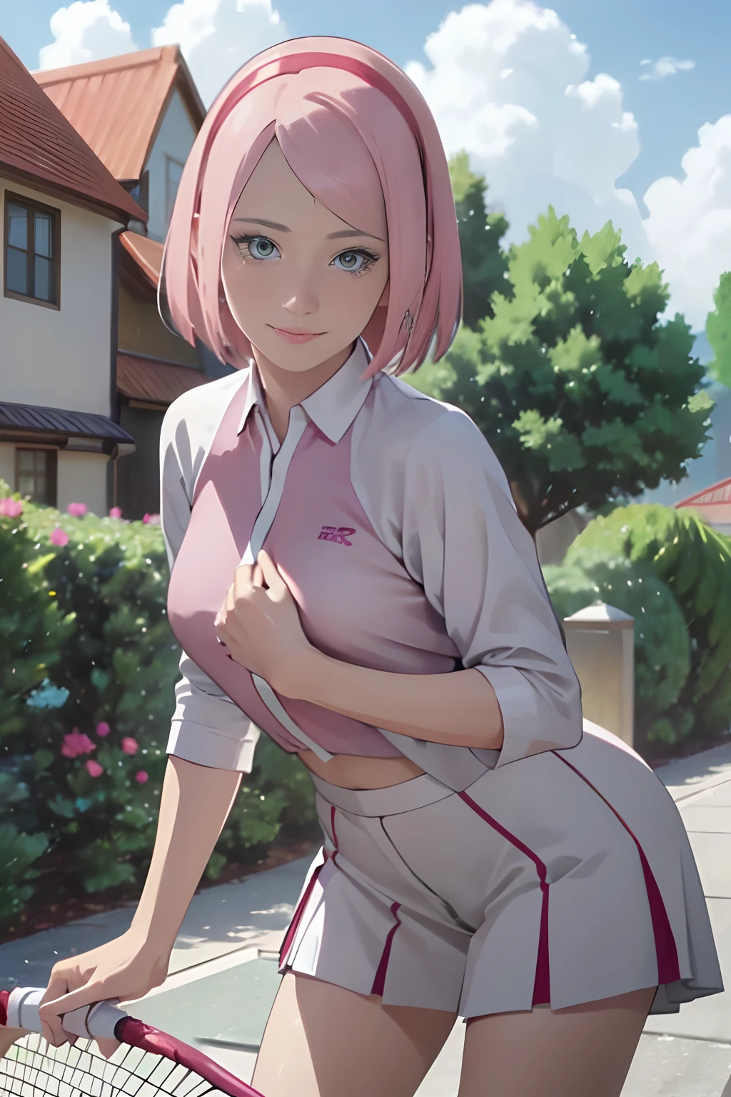 in 8K,top-quality,Real Image,intricate detailes,超A high resolution,Depth Field,masuter piece,natural soft light,profetional lighting,1 girl in,(cute little:1.2),an extremely beautiful ****************,A detailed eye,((pink-eyed)),(pink hair),(short-haired),(bangss),flawless skin,shinny skin,fair white skin,Fine skin,((perfect anatomia,nice hand,perfect hand,Five fingers connected to the palm of the hand,accurate hands without incongruity)),Perfect raw legs,delicate legs,perfectly proportions,Tennis player,face perfect,large full breasts, Convex buttocks,White polo shirt,Short white pleated skirt,White sport socks,White Tennis Shoes,High Ponytail,a wet body,Shake the paddle,Sunnyday,Clouds, Leg and thigh shots, Bottom Angle, bottom shot, Bending over, thigh closeup, Focus on the buttocks,((from the rear)),Looking back,((Thin smile)),(outside of house),(tennis coat)