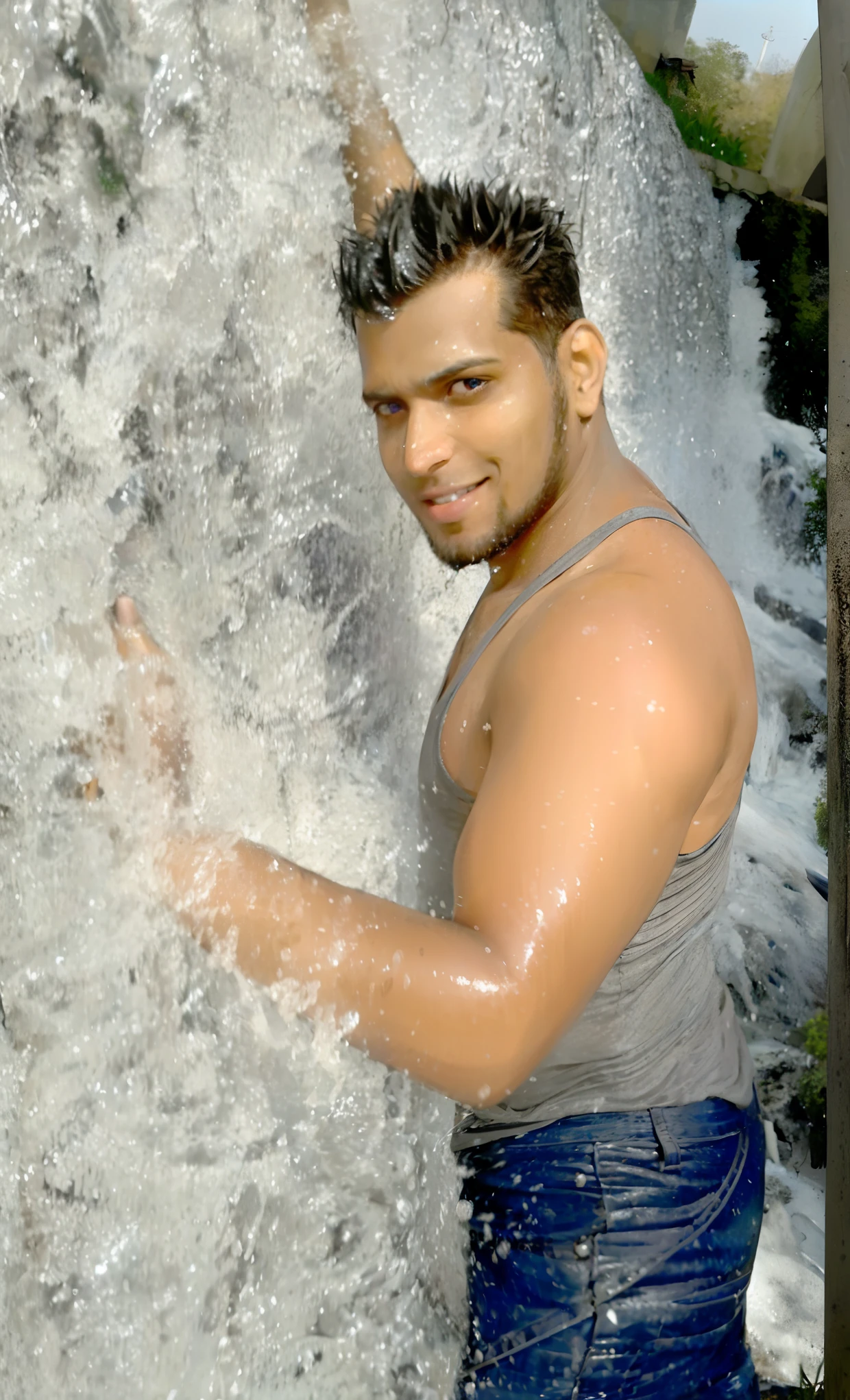 fking_scifi, fking_scifi_v2, portrait of a young, muscular extremely handsome and attractive Brazilian male model, in front of a waterfall, short windy hair, hairy tattooed body, colorful clothing and golden jewelry, close up, regal pose and attitude. fking_cinema_v2.