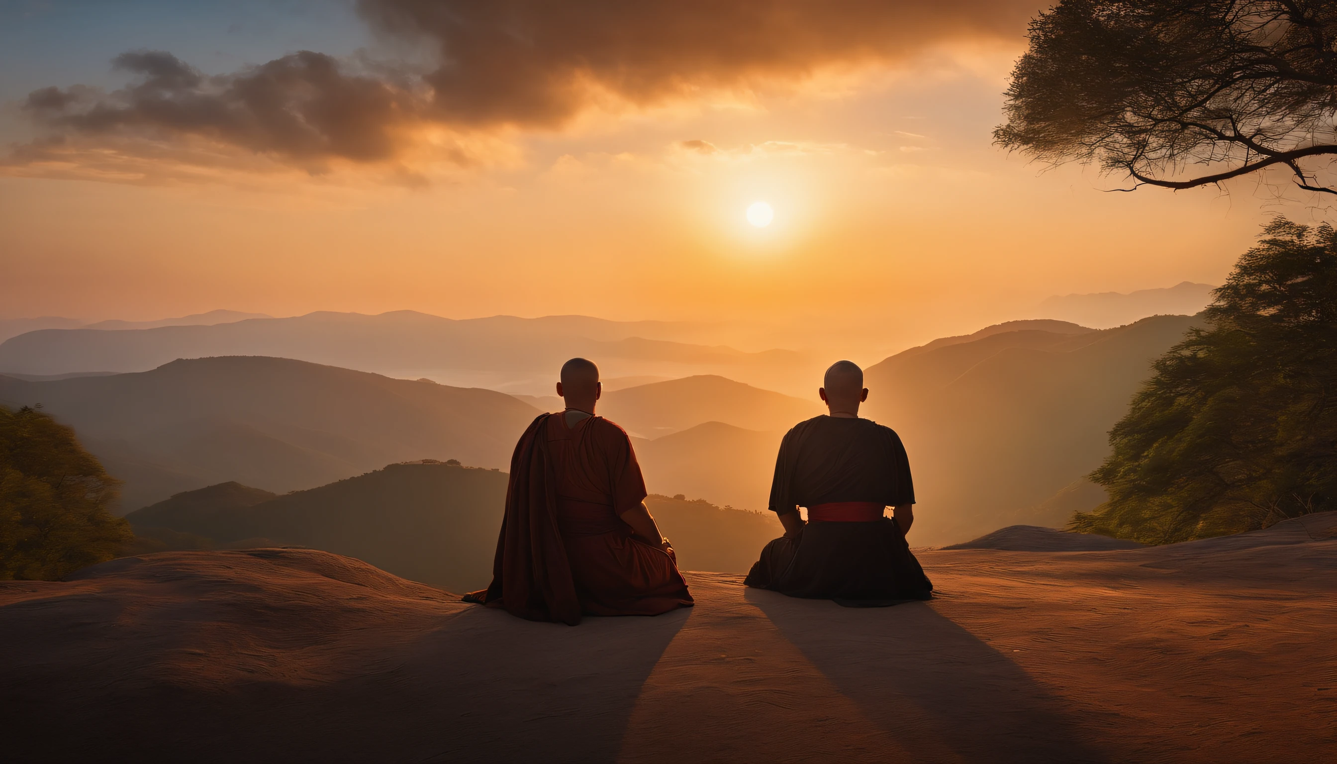 Full-fledged monks sit in a meditative position, Behold the beautiful horizon as the sun sets, Man has a deep connection with God, The landscape is super detailed, Homem ultrarrealista, tudo de bom，it's beautiful, hiper qualidade. Realismo 8k