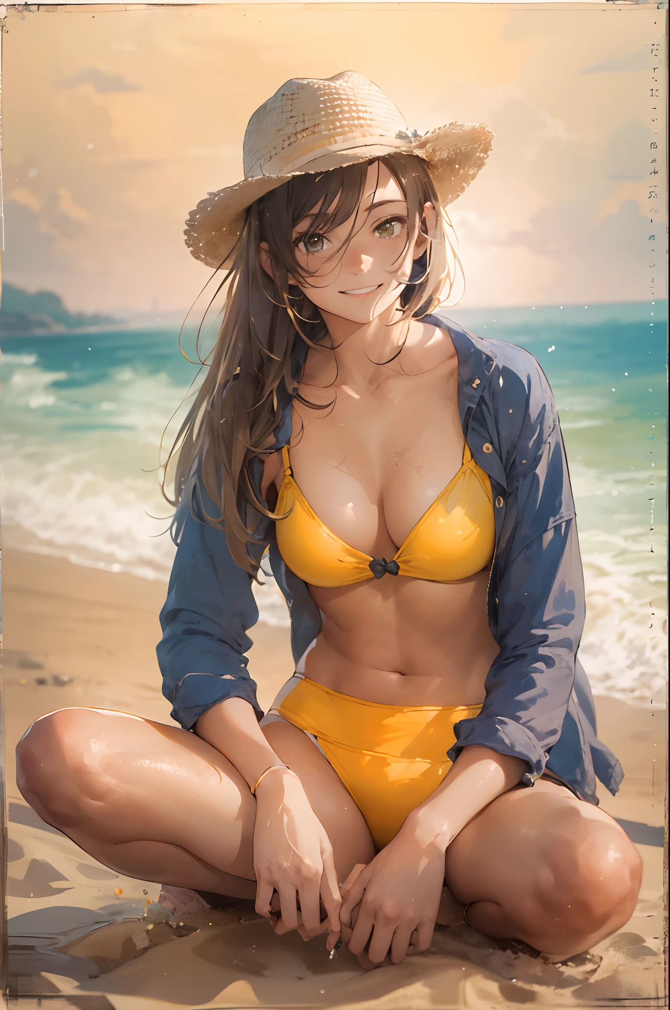 High resolution,
One beautiful young woman,
(soft saturation: 1.3), (fair skin: 1.2),
(ultra-detailed background, detailed background), bokeh,
Portrait of smiling girl breaking. When viewed from the front, the composition is symmetrical.
Look straight at you with serious eyes and break
yellow swimsuit, yellow bikini, middle breast,
outdoor, sea surface, sky, sunshine, summer beach, sand,
strong light, front light,
(Teenager: 1.3), (Cowboy Shot: 1.2), Break
angle from the front,
Look at the viewer,
Dynamic Pose,
Sitting on the beach

Wakame, wakame, wakame, wakame, wakame, wakame, wakame,