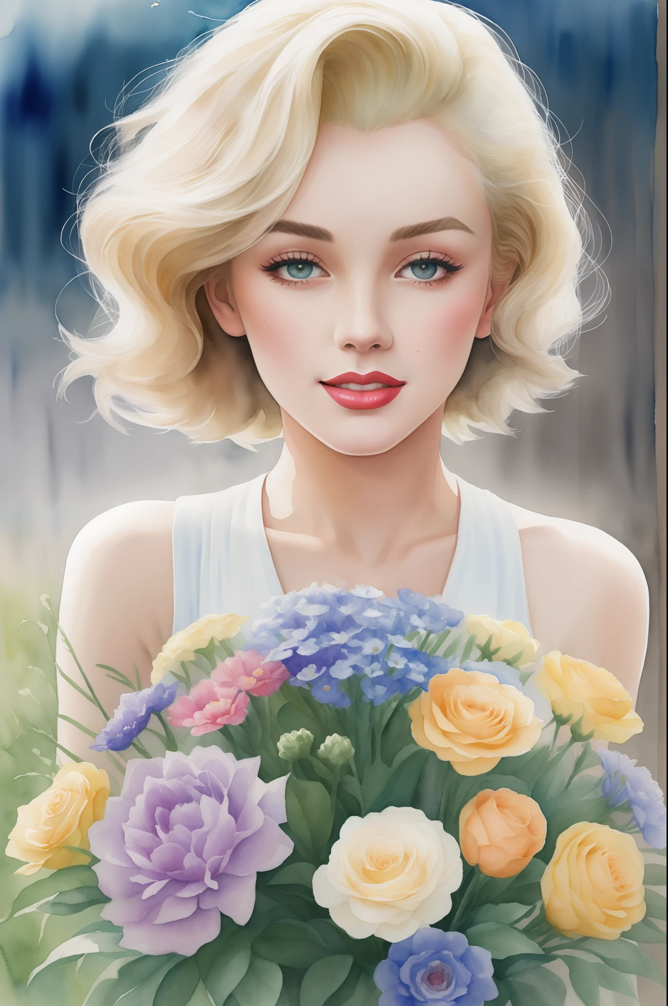 (masterpiece), (best quality: 1.1), (ultra-detailed), best illustration, finely detailed, (watercolor drawings: 1.4), (hand-painted: 1.2), (watercolor brush hair), bouquet consisting of field flowers, artistic portrait painting of Marilyn Monroe, bare shoulder.