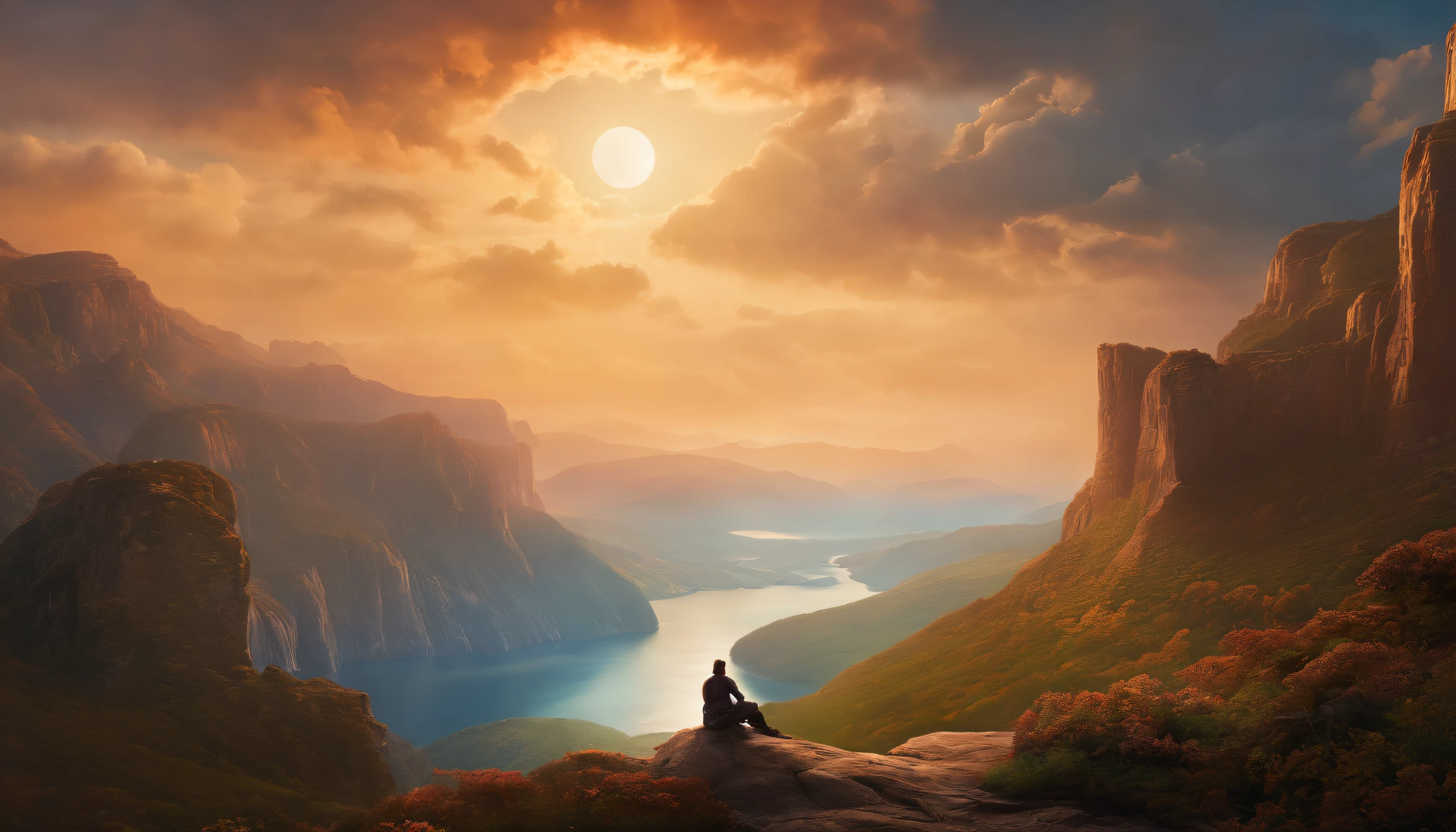 Craft a mesmerizing scene that deeply connects with the viewer, evoking a range of emotions and leaving an indelible impact without relying on words. Use a vibrant and contrasting color palette to intensify the visual impact. Depict a solitary figure standing at the edge of a breathtaking cliff, overlooking a vast and awe-inspiring landscape. Let the figure's posture and facial expression convey a mixture of awe, contemplation, and a hint of melancholy. Surround the scene with elements of nature, such as swirling clouds, distant mountains, or a cascading waterfall, to enhance the immersive experience. Infuse the atmosphere with a touch of magic or mystery, perhaps through subtle glowing orbs or ethereal light. Allow the composition and details of the scene to captivate the viewer and invite them on an emotional journey that lingers in their thoughts long after they've seen the artwork., intricate, masterpiece, expert, insanely detailed, 4k, composition, framing, centered, symmetry, painted, intricate, volumetric lighting, beautiful, rich deep colors masterpiece, sharp focus, ultra detailed, in the style of dan mumford and marc simonetti, astrophotography