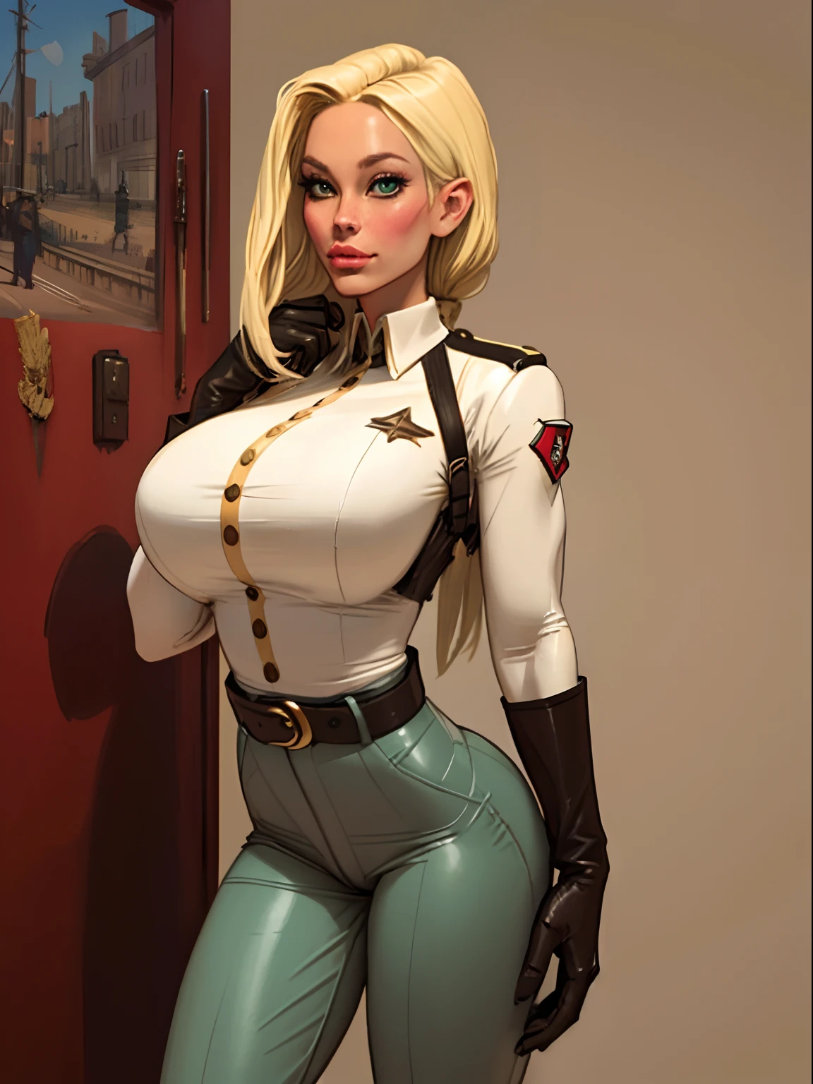 Lonely young  girl, Tall stature, little chest, closed mouth, japanese appearance: Green eyes; blond hair; sharp facial features; dimple on the chin; Straight nose; high nose; pronounced high cheekbones; high forehead, stands upright, (gigantic breasts:1.4), detailed face, military uniform:  double-breasted overcoat; pants, Full-length painting, leather gloves