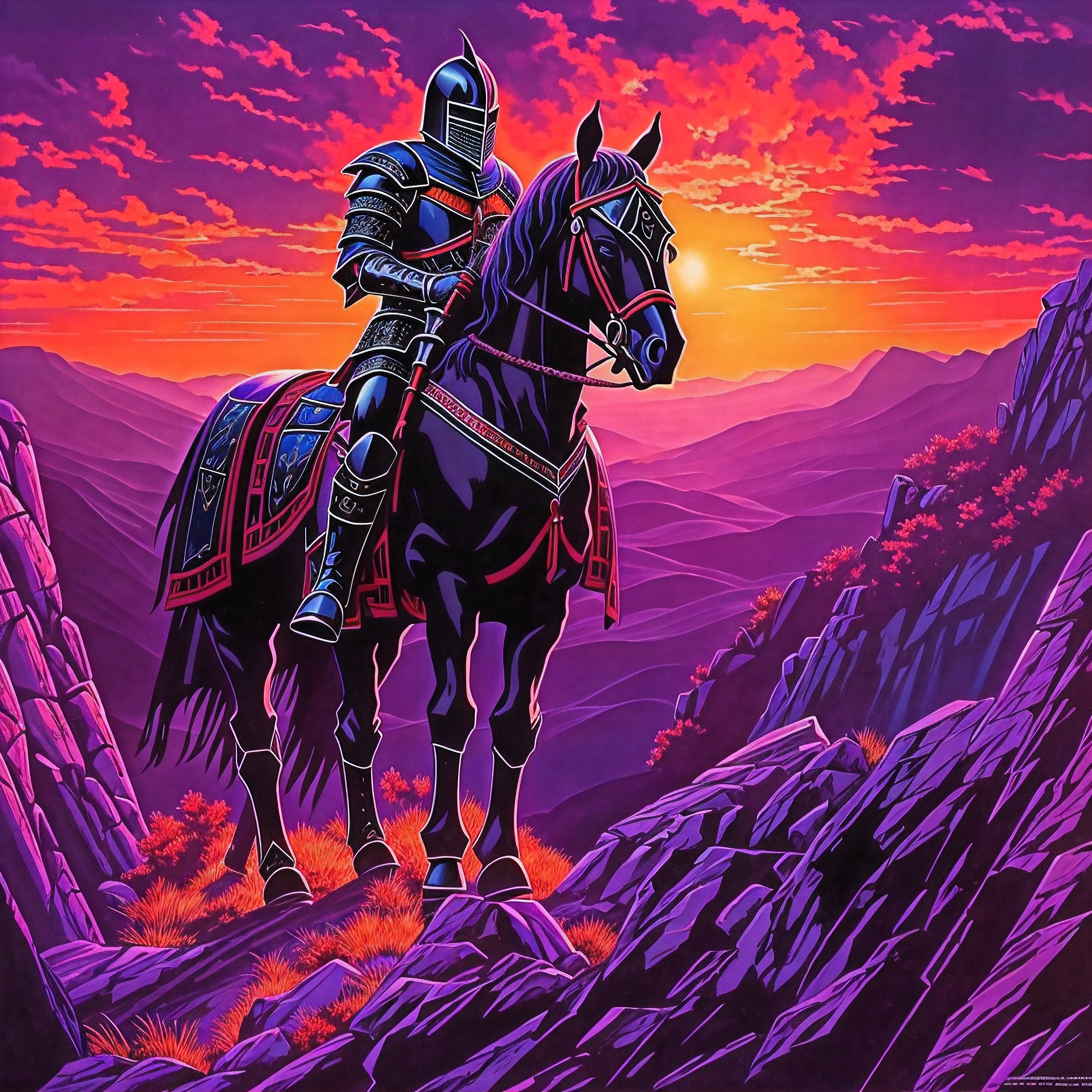 1970's style Black knight at the precipice of dawn, 8k wallpaper, 1970's style, beautiful and aesthetic, masterpiece, best quality, extremely detailed, vivid colours, beautiful and aesthetic