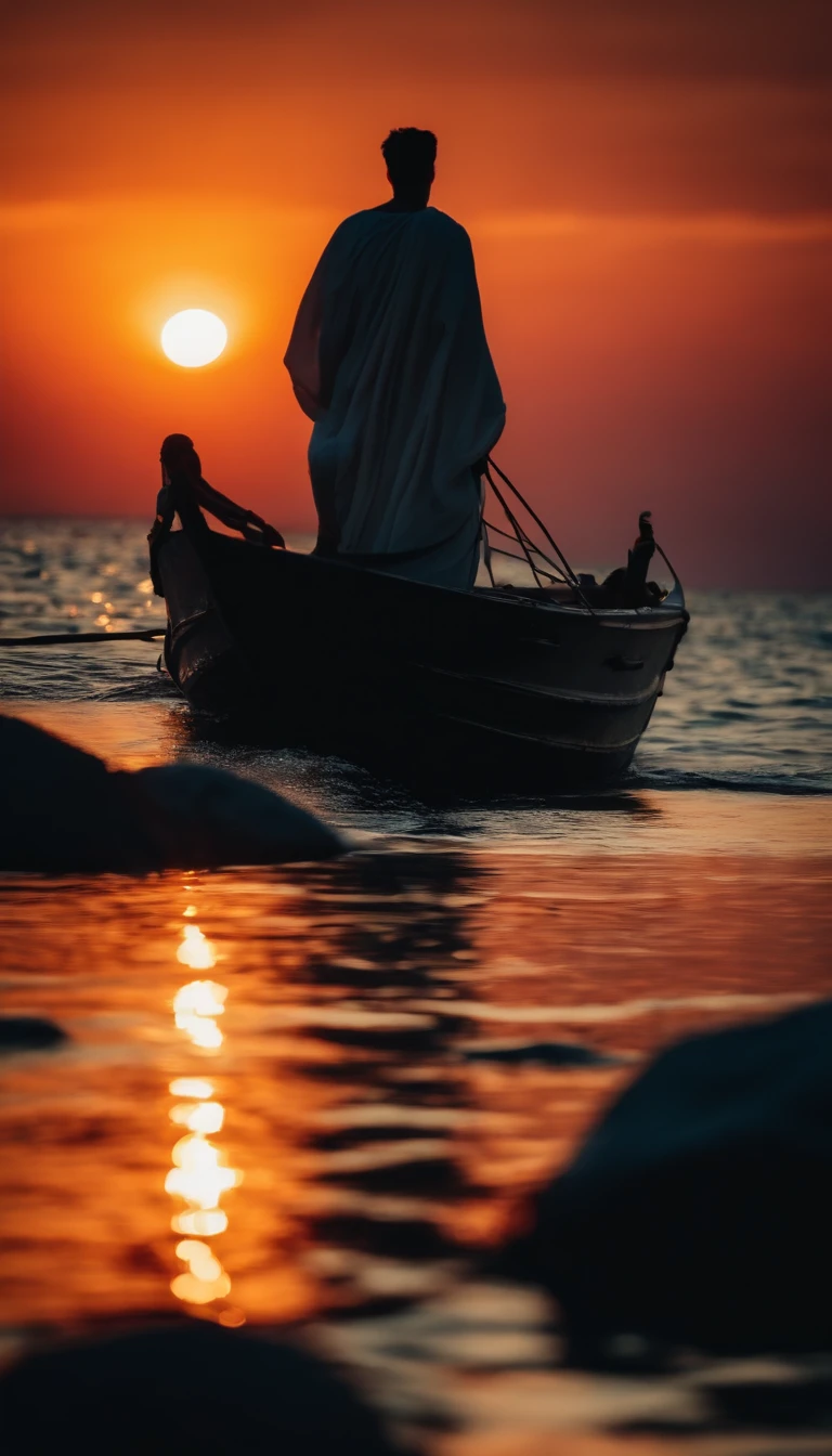 A vibrant sunset over the Aegean Sea with a young Julius Caesar travelling by ship.