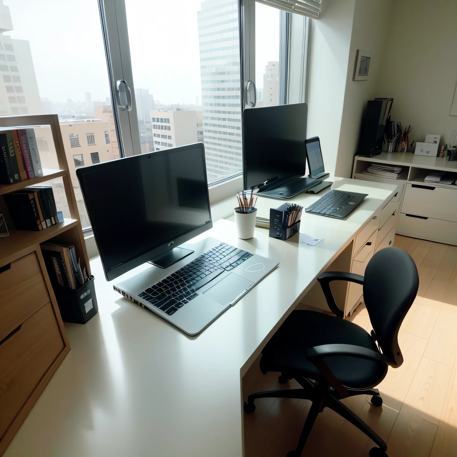 The high-end office is very transparent,Majoritariamente branco,There's a laptop on top of a table,There is an office chair in front of the computer,Office chair facing the camera