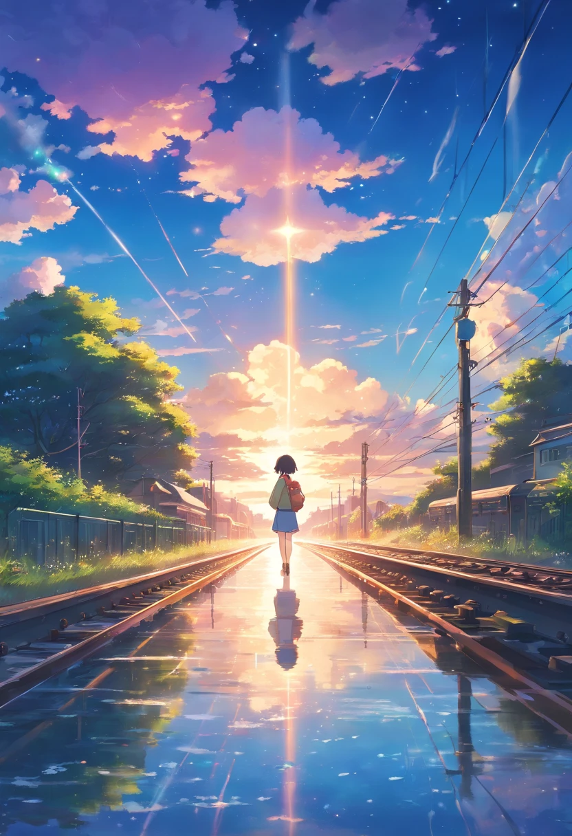 High quality masterpieces, landscapes, clouds, anime train passing water bodies on railway tracks in the distance, bright starry sky. traveler, romantic lights, pixiv, concept art, lofi art style, reflection. Makoto Shinkai, rophy art, beautiful anime scenes, anime scenery, detailed scenery — width 672, Makoto Shinkai's style, Makoto Shinkai's style, enhanced details.