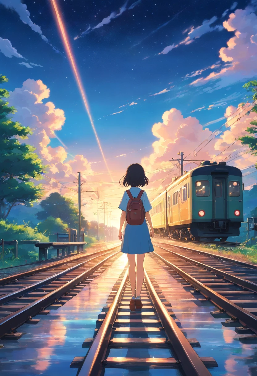 High quality masterpieces, landscapes, clouds, anime train passing water bodies on railway tracks in the distance, bright starry sky. traveler, romantic lights, pixiv, concept art, lofi art style, reflection. Makoto Shinkai, rophy art, beautiful anime scenes, anime scenery, detailed scenery — width 672, Makoto Shinkai's style, Makoto Shinkai's style, enhanced details.