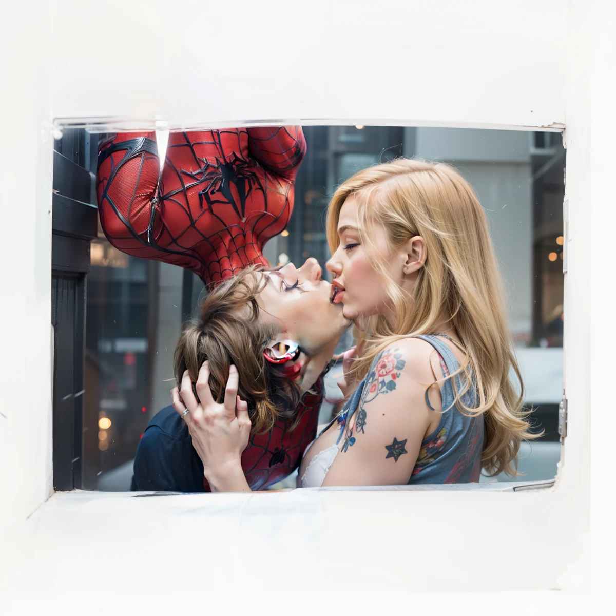 Almost Upside down kiss between peter Parker and a blonde girl